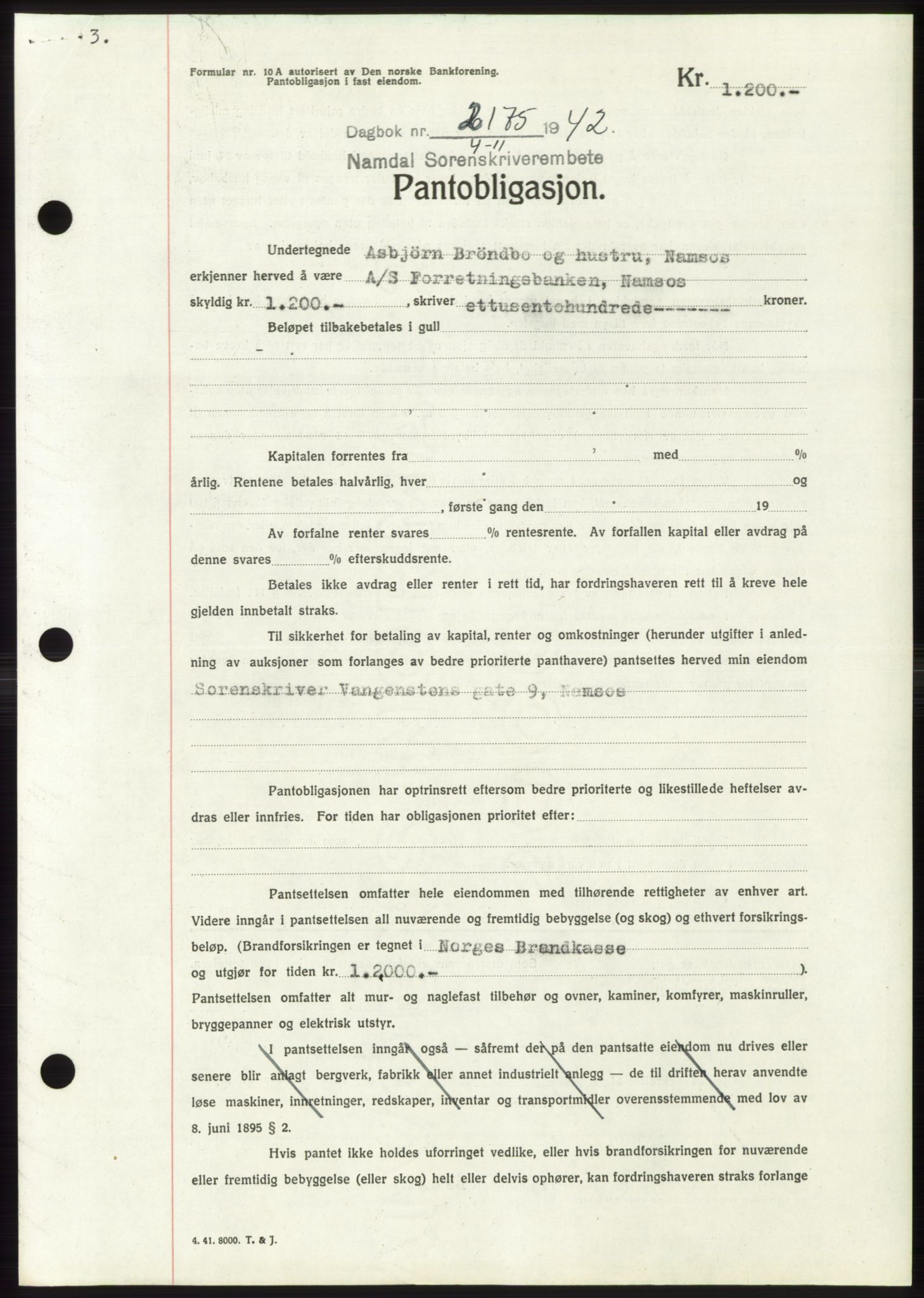 Namdal sorenskriveri, SAT/A-4133/1/2/2C: Pantebok nr. -, 1942-1943, Dagboknr: 2175/1942