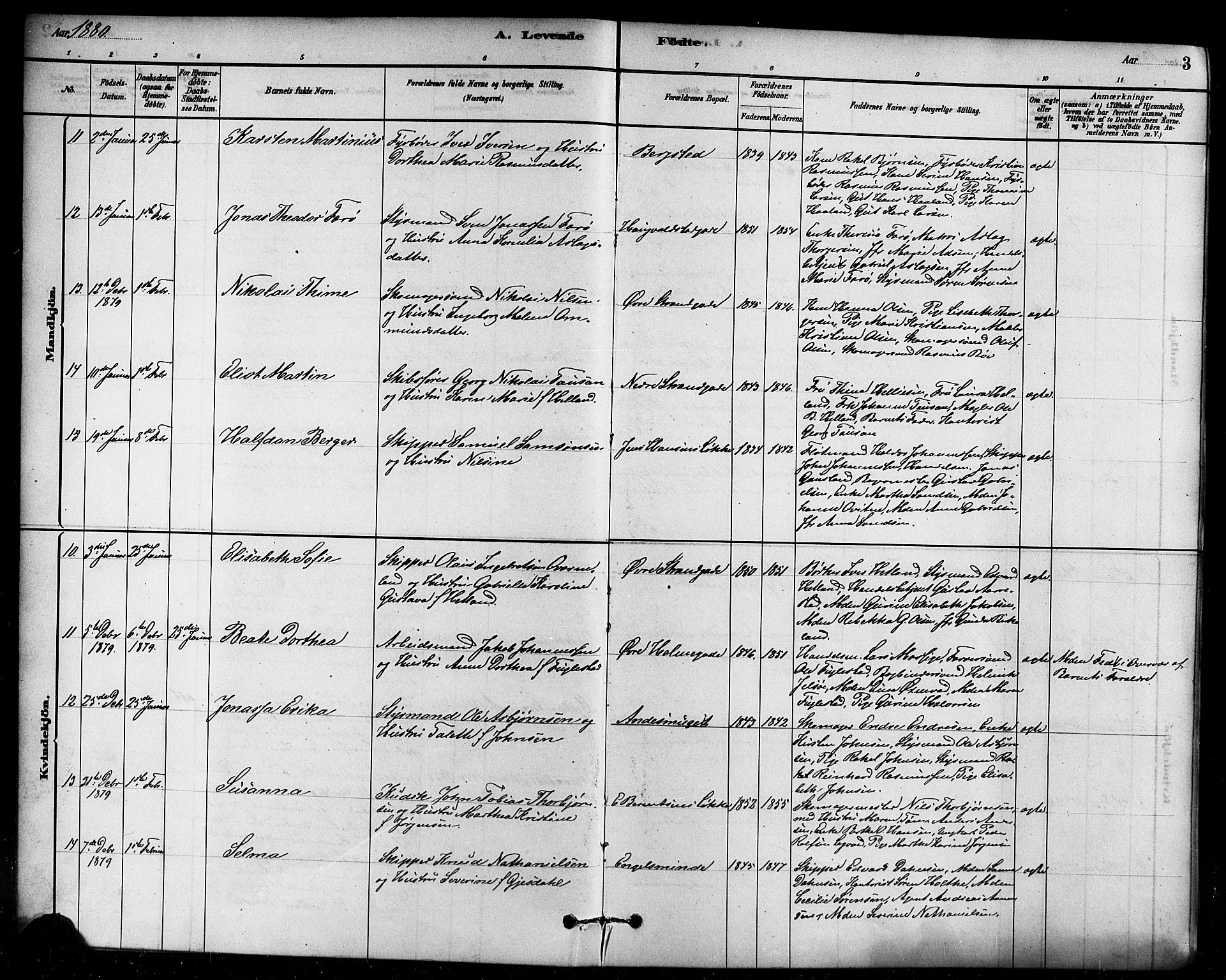Domkirken sokneprestkontor, AV/SAST-A-101812/001/30/30BB/L0015: Klokkerbok nr. B 15, 1880-1891, s. 3