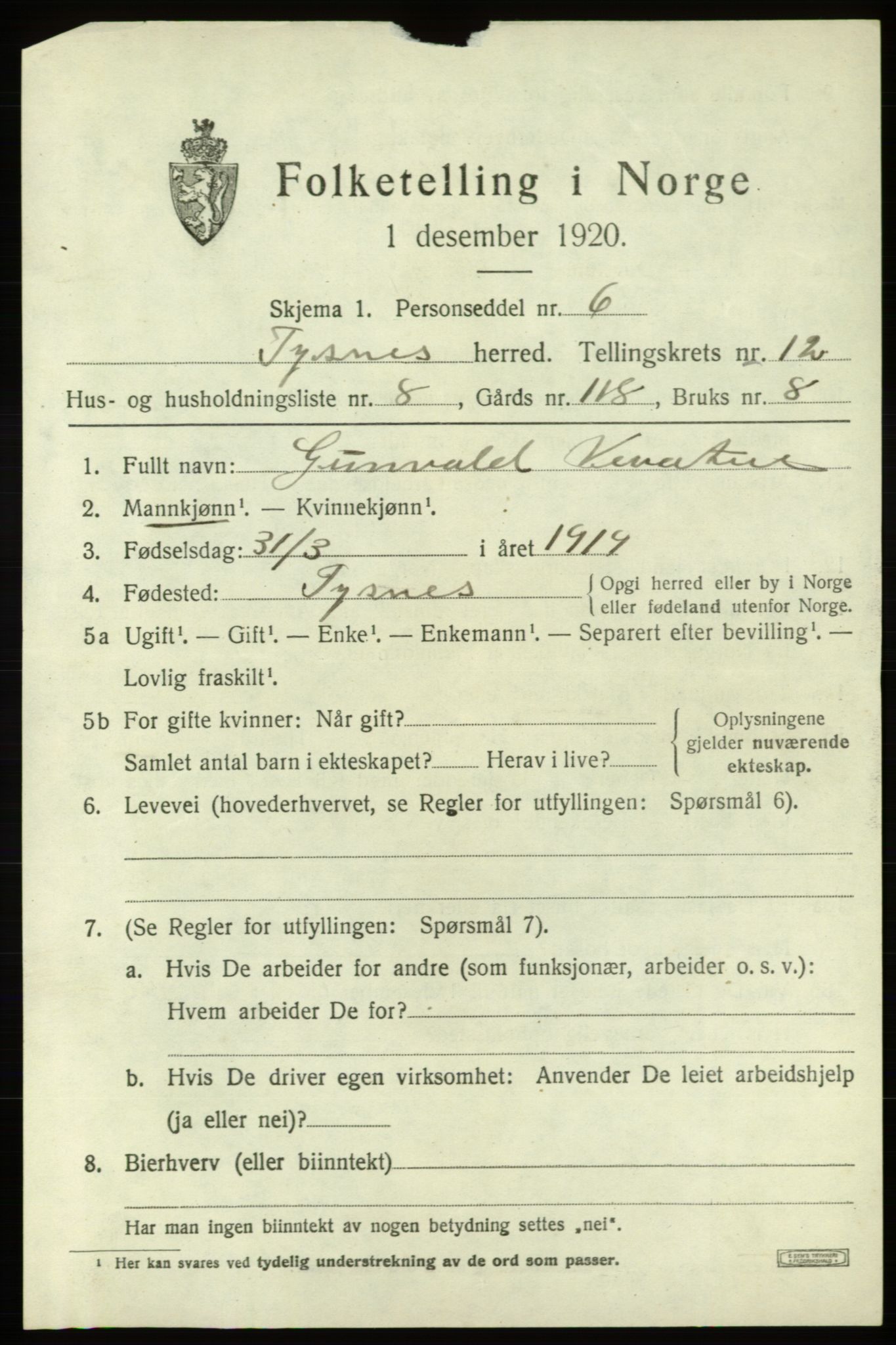 SAB, Folketelling 1920 for 1223 Tysnes herred, 1920, s. 8550