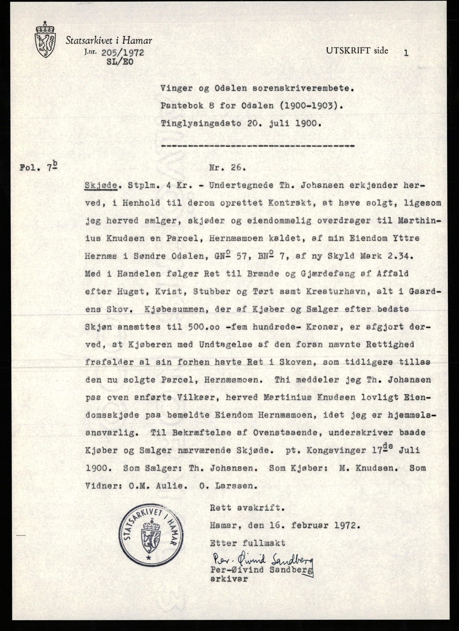 Avskriftssamlingen ved Statsarkivet i Hamar, SAH/AVSKRIFT-001/H/Hu/Hua/Huab/L0008: Pantebok for Odal, 1900-1903