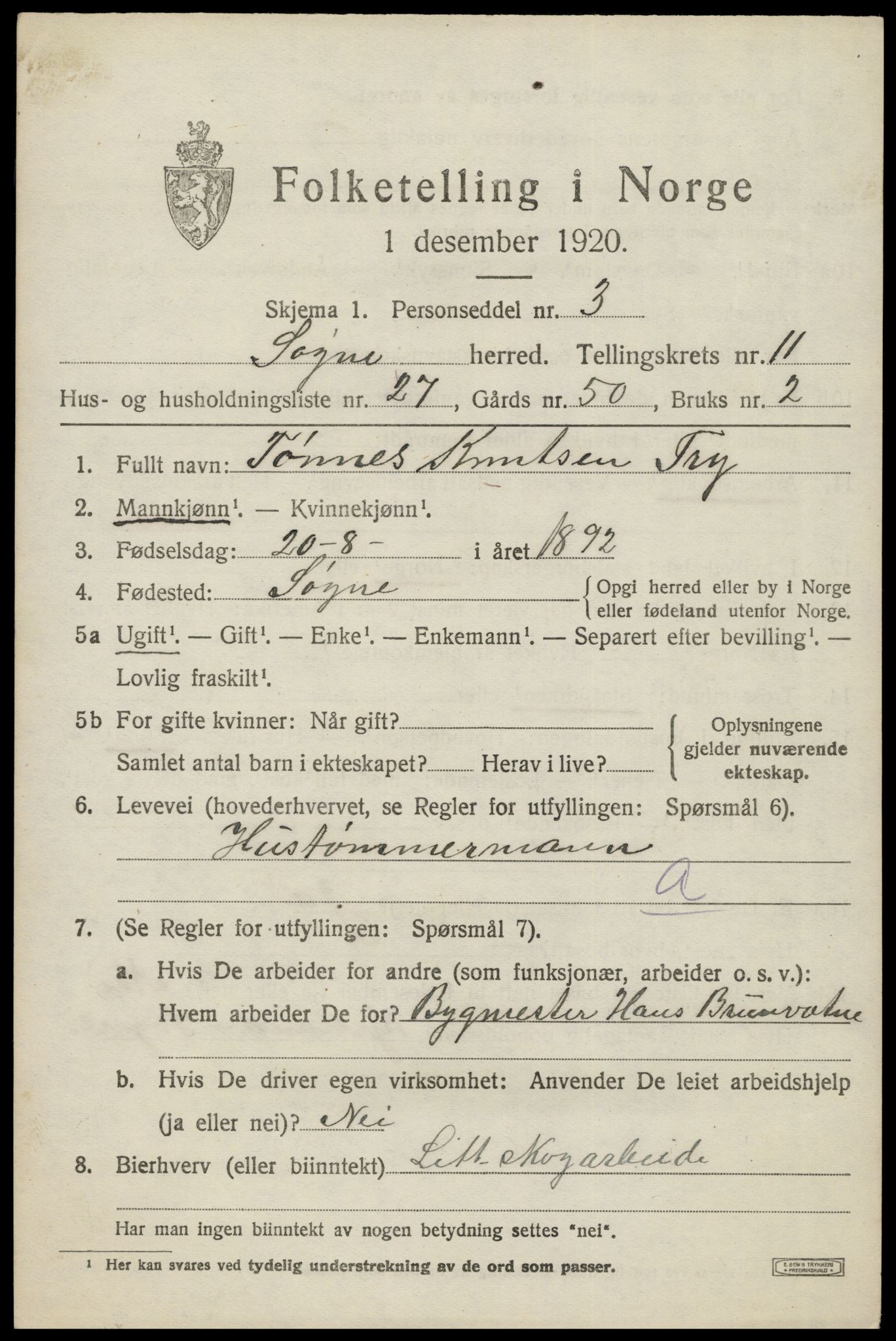 SAK, Folketelling 1920 for 1018 Søgne herred, 1920, s. 5915