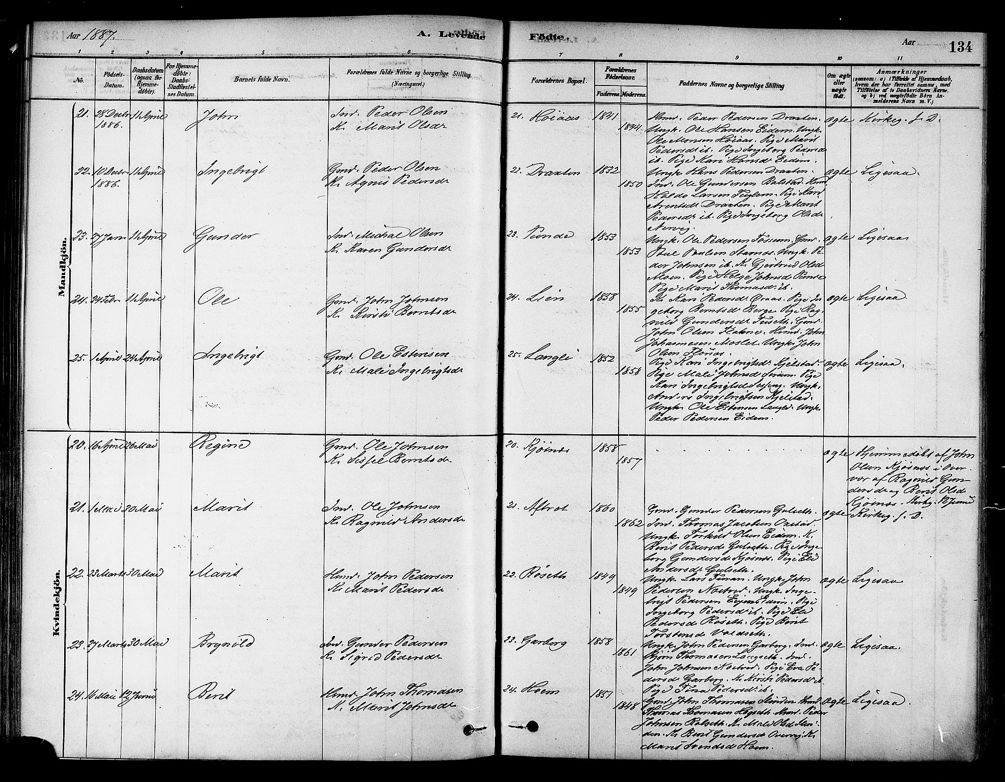 Ministerialprotokoller, klokkerbøker og fødselsregistre - Sør-Trøndelag, SAT/A-1456/695/L1148: Ministerialbok nr. 695A08, 1878-1891, s. 134