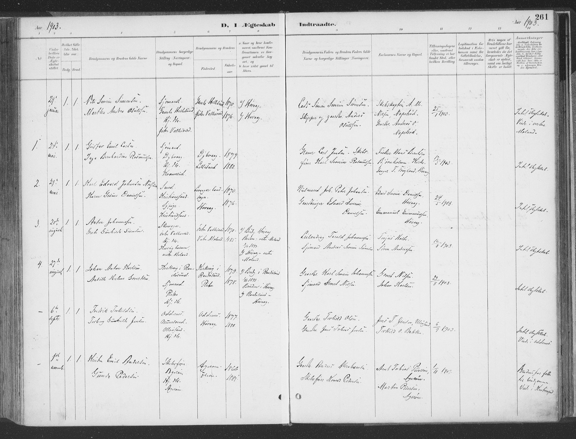 Høvåg sokneprestkontor, AV/SAK-1111-0025/F/Fa/L0006: Ministerialbok nr. A 6, 1894-1923, s. 261