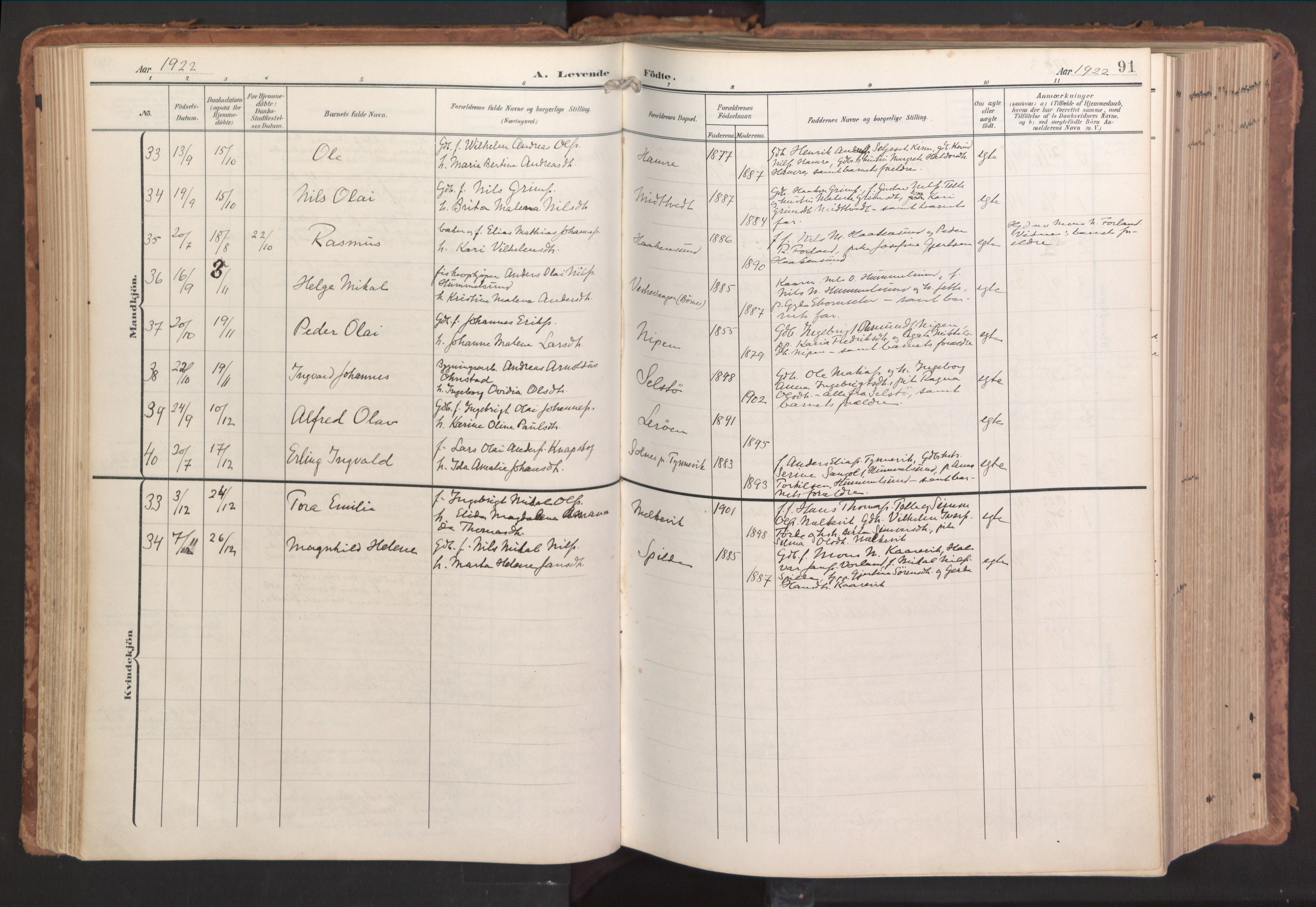 Sund sokneprestembete, AV/SAB-A-99930: Ministerialbok nr. B 2, 1907-1926, s. 91