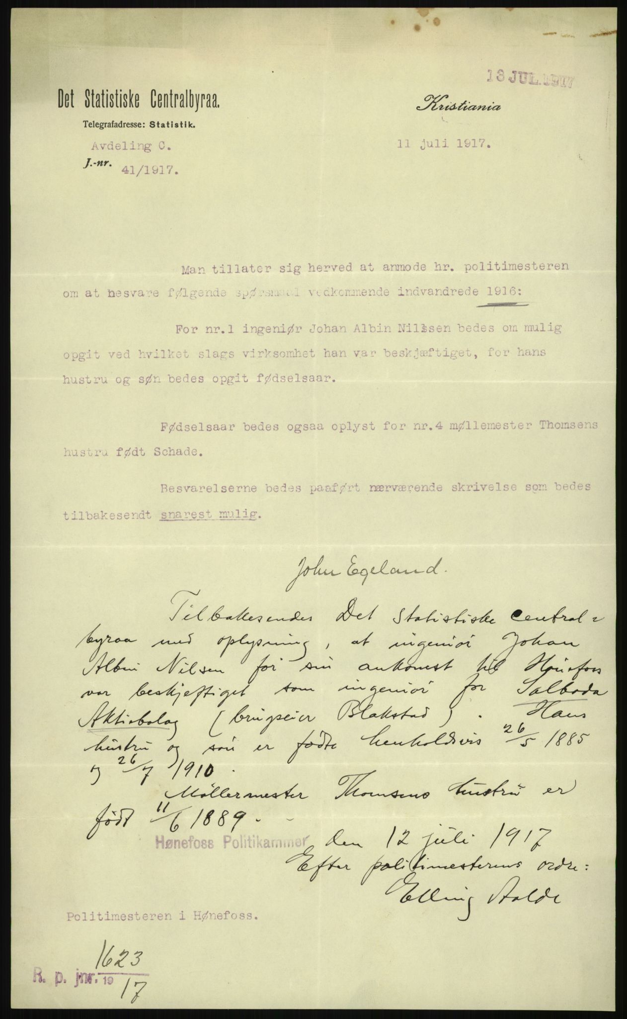 Statistisk sentralbyrå, Sosioøkonomiske emner, Folketellinger, boliger og boforhold, AV/RA-S-2231/F/Fa/L0002: Innvandring. Navn/fylkesvis, 1916, s. 5