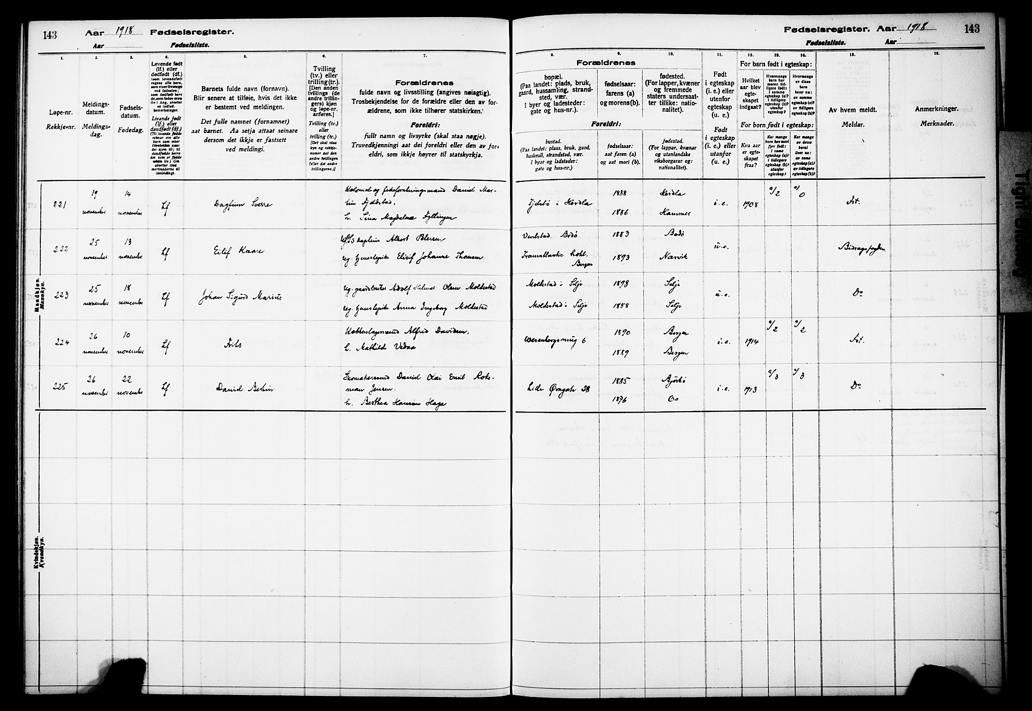 Kvinneklinikken, AV/SAB-A-76301/F/L0A01: Fødselsregister nr. A 1, 1916-1920, s. 143