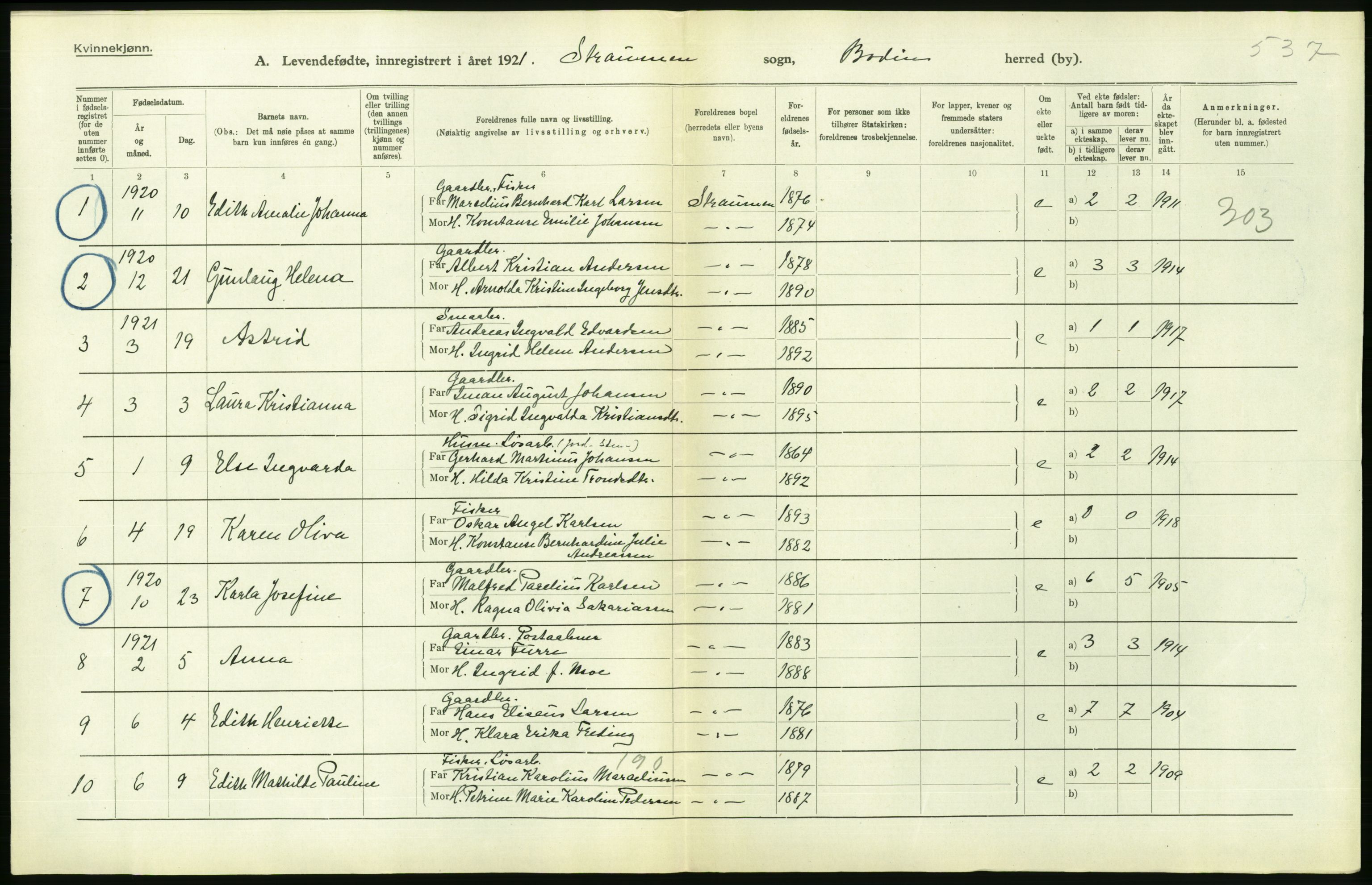 Statistisk sentralbyrå, Sosiodemografiske emner, Befolkning, AV/RA-S-2228/D/Df/Dfc/Dfca/L0049: Nordland fylke: Levendefødte menn og kvinner. Bygder., 1921, s. 182