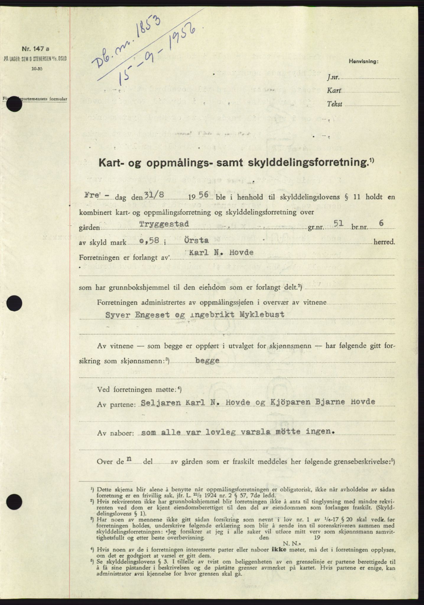 Søre Sunnmøre sorenskriveri, AV/SAT-A-4122/1/2/2C/L0104: Pantebok nr. 30A, 1956-1956, Dagboknr: 1853/1956