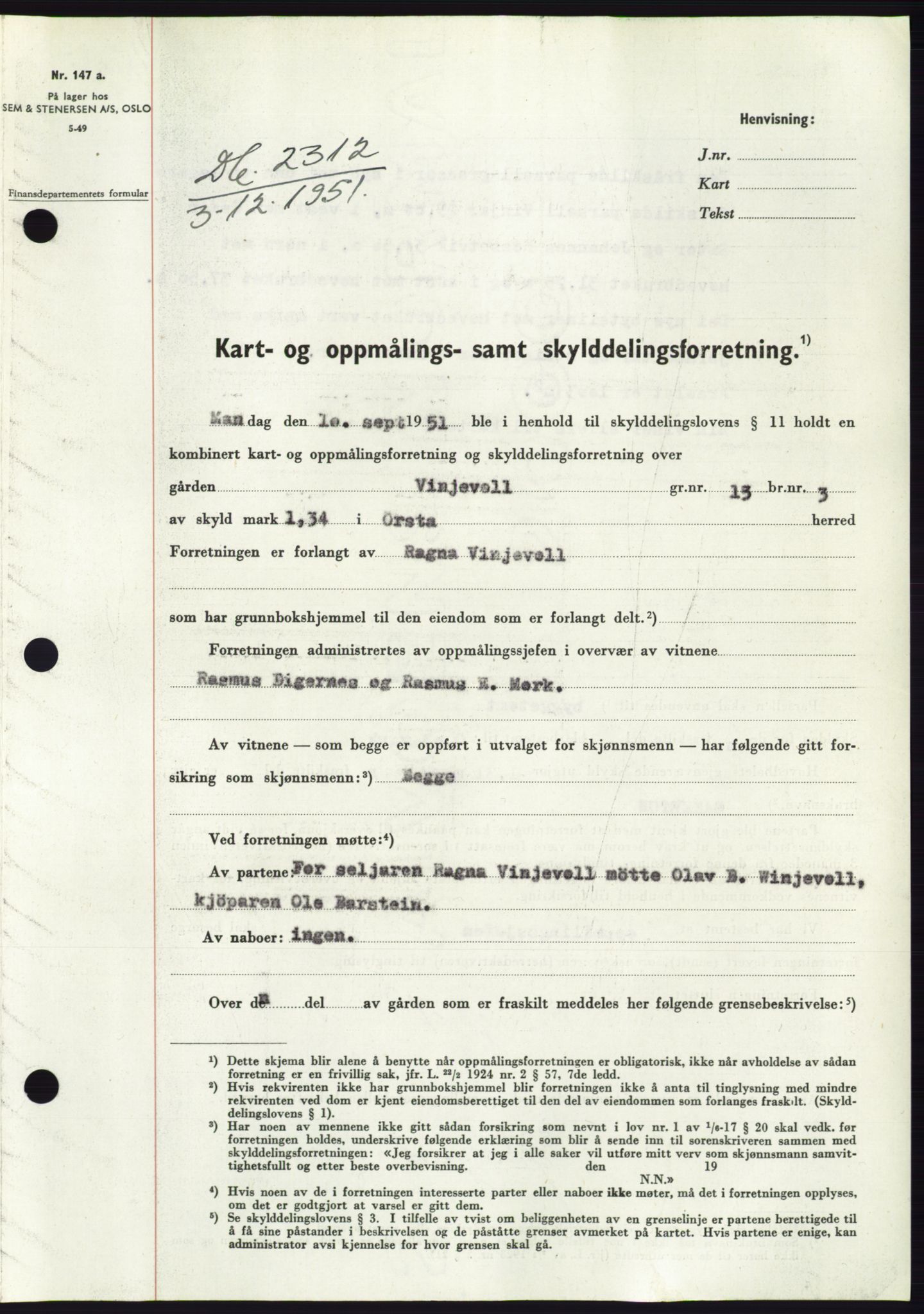 Søre Sunnmøre sorenskriveri, AV/SAT-A-4122/1/2/2C/L0090: Pantebok nr. 16A, 1951-1951, Dagboknr: 2312/1951