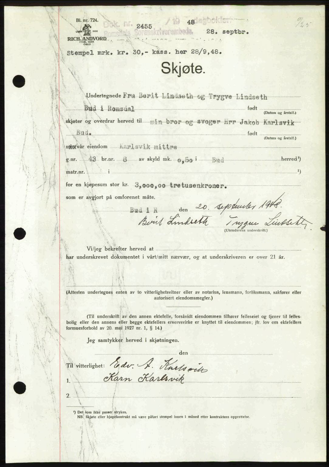 Romsdal sorenskriveri, SAT/A-4149/1/2/2C: Pantebok nr. A27, 1948-1948, Dagboknr: 2455/1948