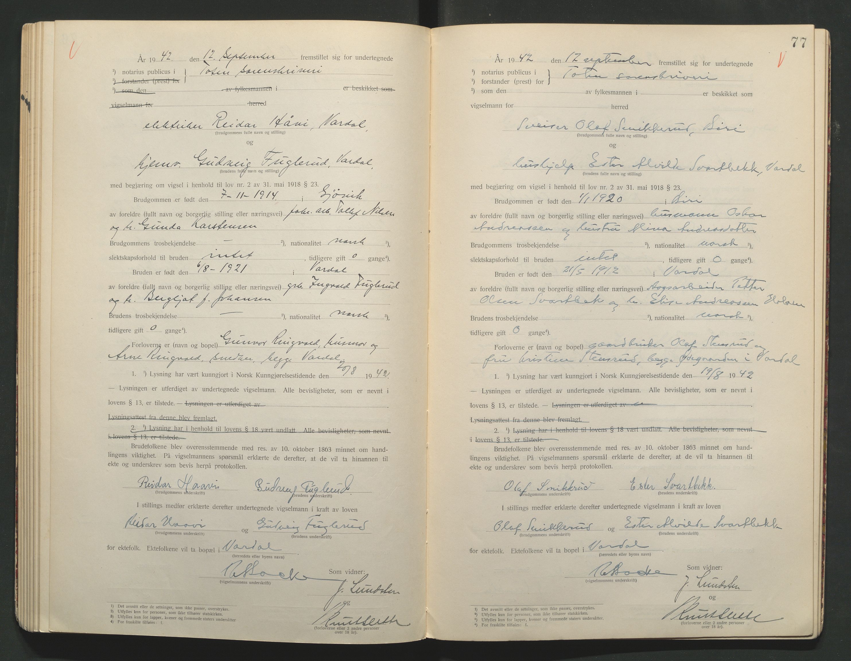 Toten tingrett, AV/SAH-TING-006/L/Lc/L0001: Vigselbok, 1920-1942, s. 77