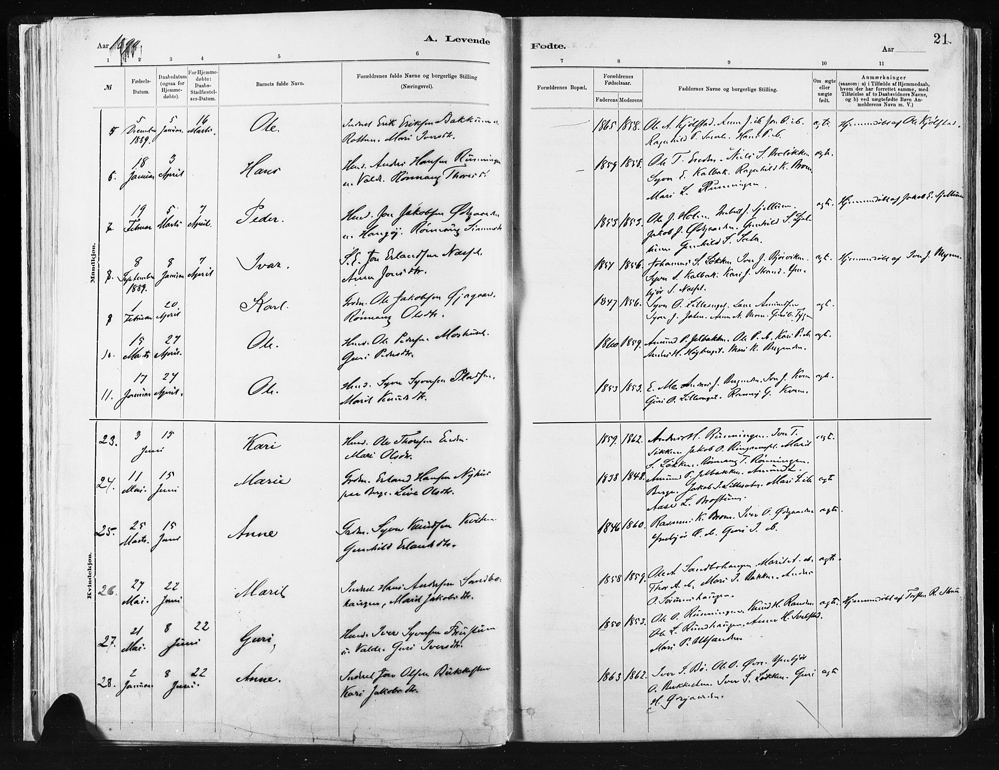 Vågå prestekontor, AV/SAH-PREST-076/H/Ha/Haa/L0009: Ministerialbok nr. 9, 1886-1904, s. 21