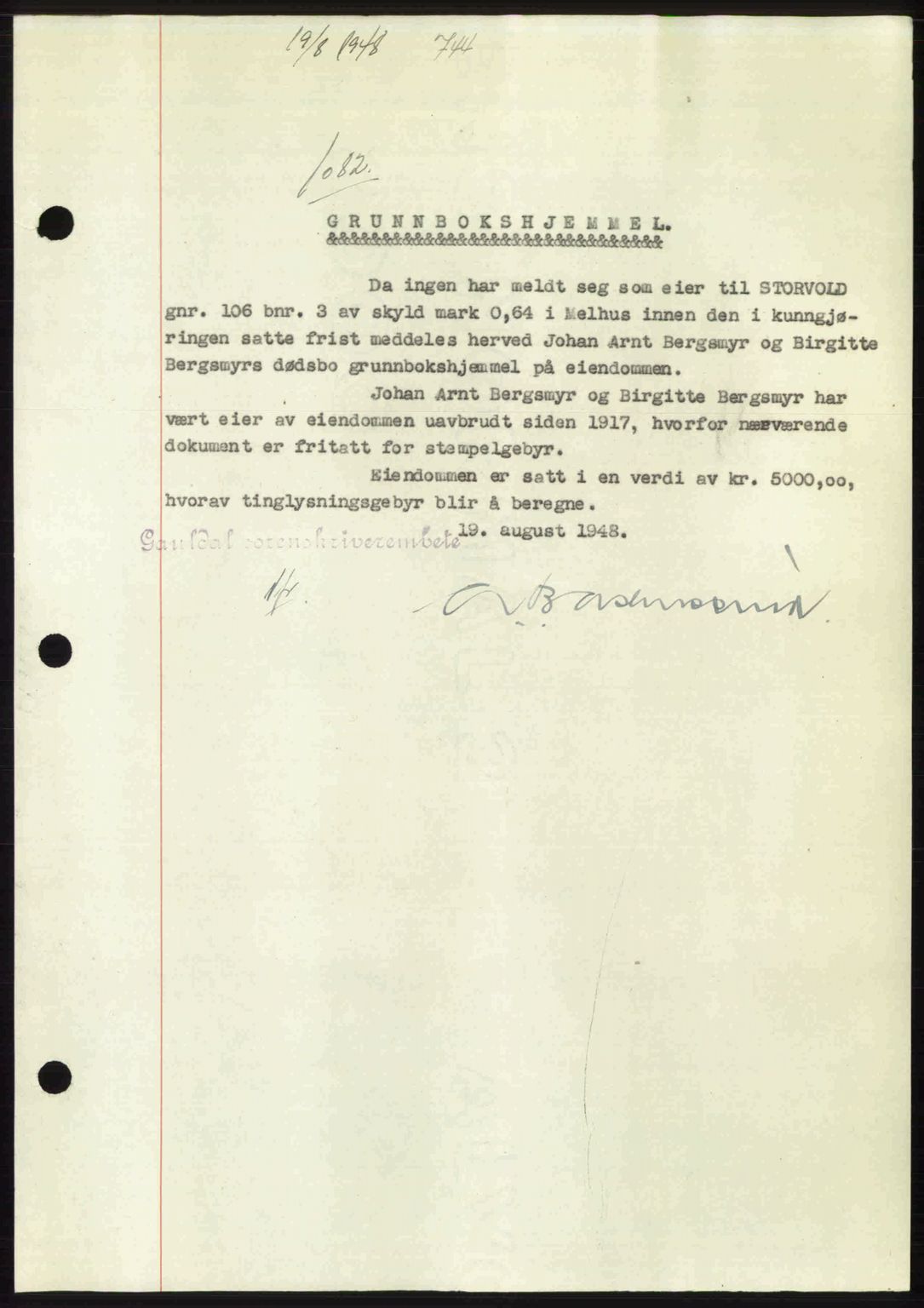 Gauldal sorenskriveri, SAT/A-0014/1/2/2C: Pantebok nr. A6, 1948-1948, Dagboknr: 1082/1948
