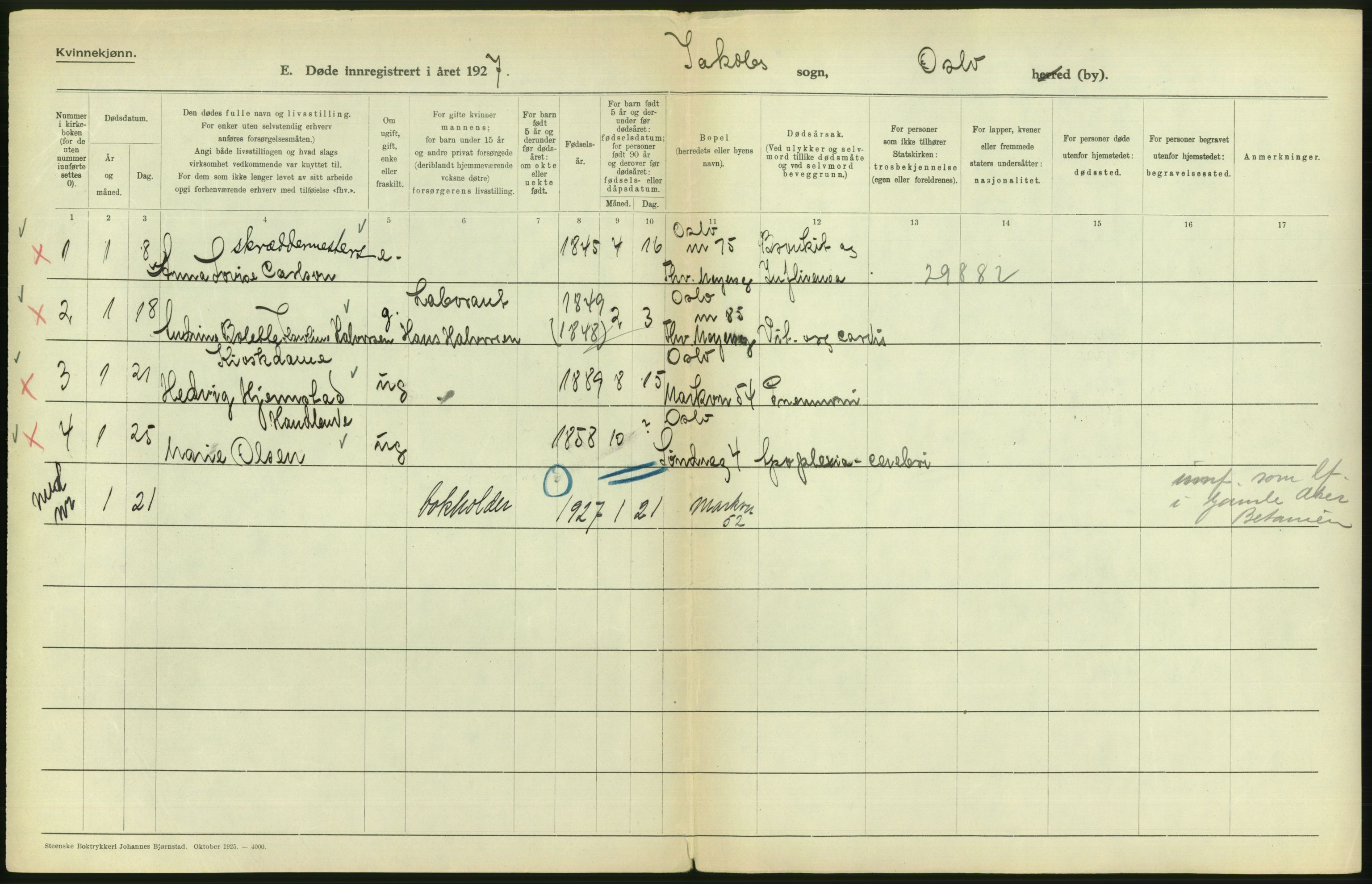 Statistisk sentralbyrå, Sosiodemografiske emner, Befolkning, AV/RA-S-2228/D/Df/Dfc/Dfcg/L0010: Oslo: Døde kvinner, dødfødte, 1927, s. 380