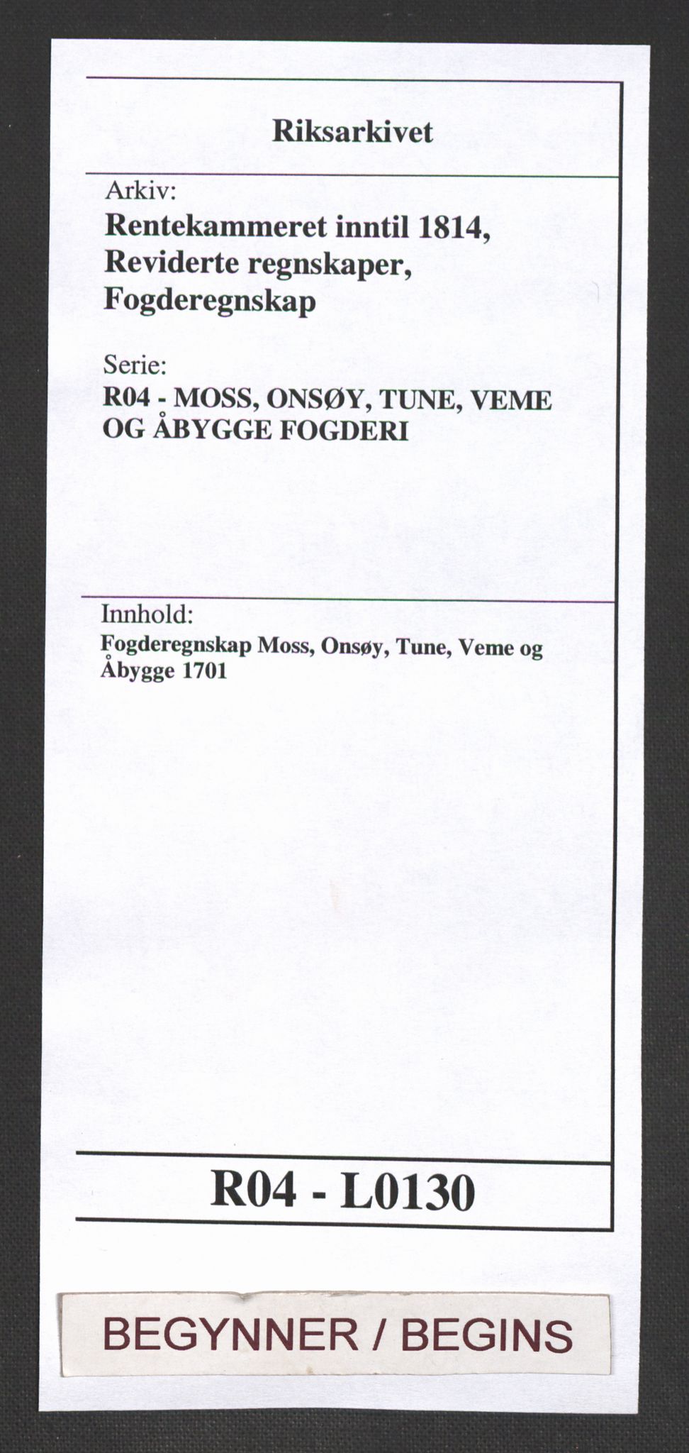 Rentekammeret inntil 1814, Reviderte regnskaper, Fogderegnskap, RA/EA-4092/R04/L0130: Fogderegnskap Moss, Onsøy, Tune, Veme og Åbygge, 1701, s. 1