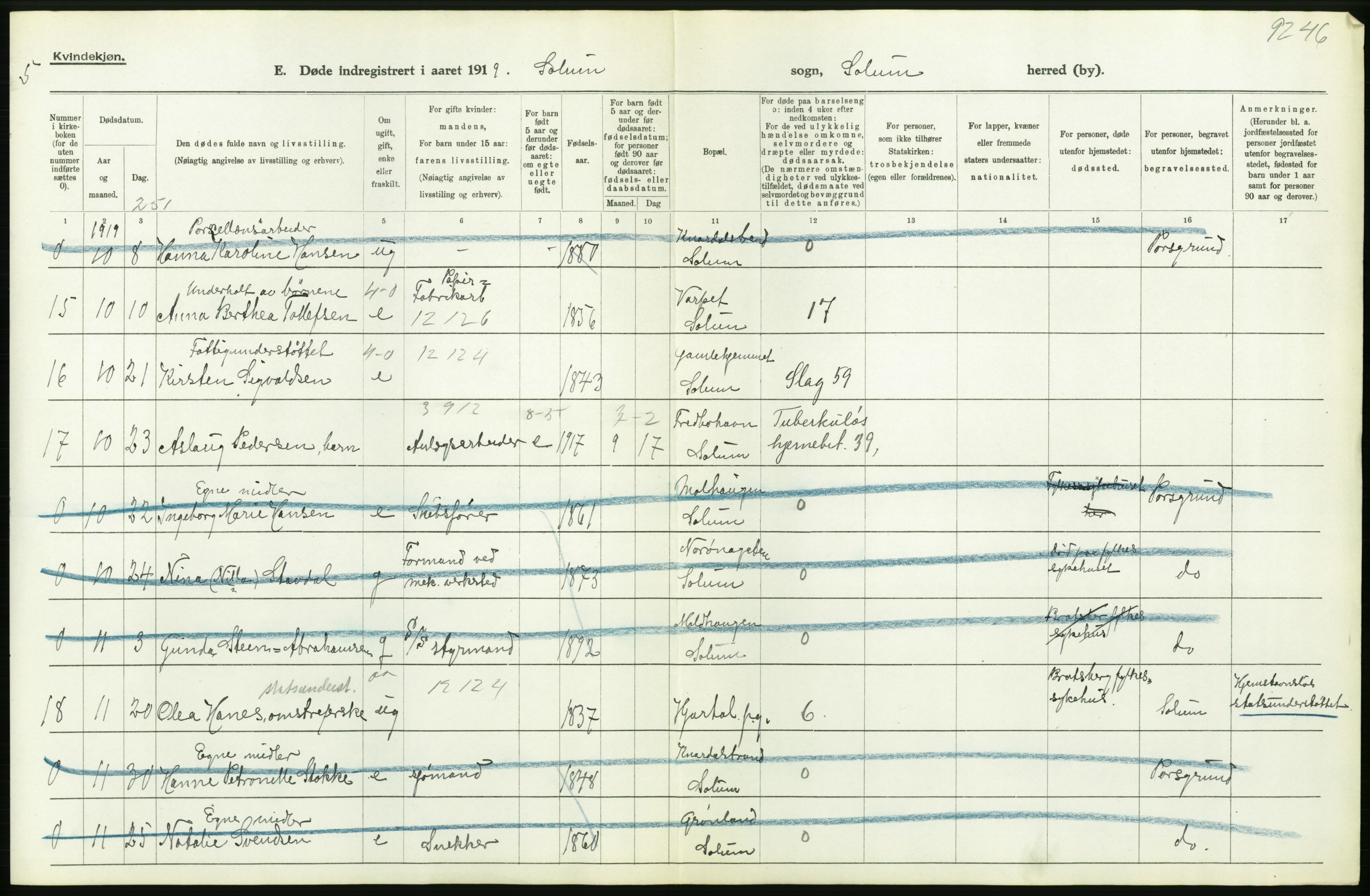 Statistisk sentralbyrå, Sosiodemografiske emner, Befolkning, AV/RA-S-2228/D/Df/Dfb/Dfbi/L0023: Telemark fylke: Døde. Bygder og byer., 1919, s. 244