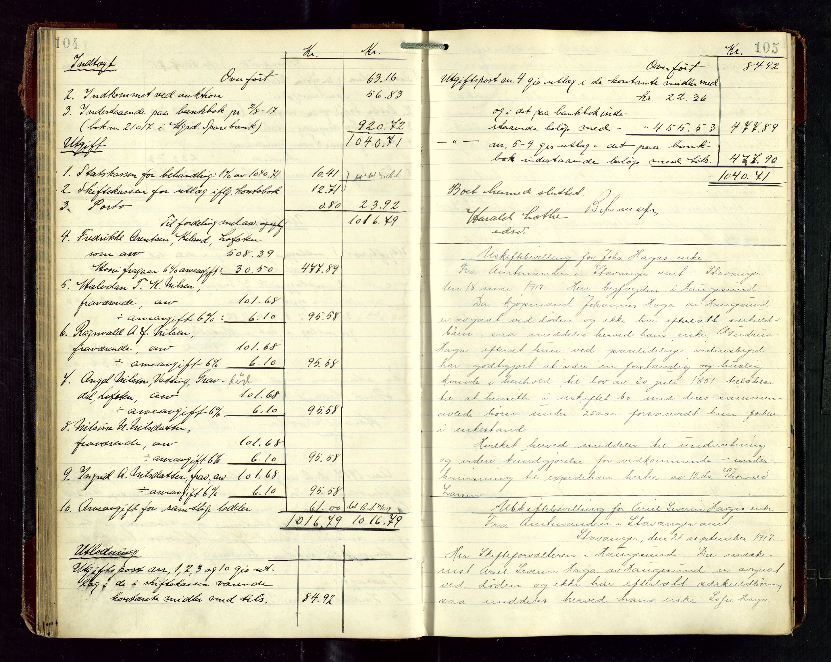 Haugesund tingrett, AV/SAST-A-101415/01/IV/IVD/L0003: Skifteutlodningsprotokoll, med register, 1915-1924, s. 104-105