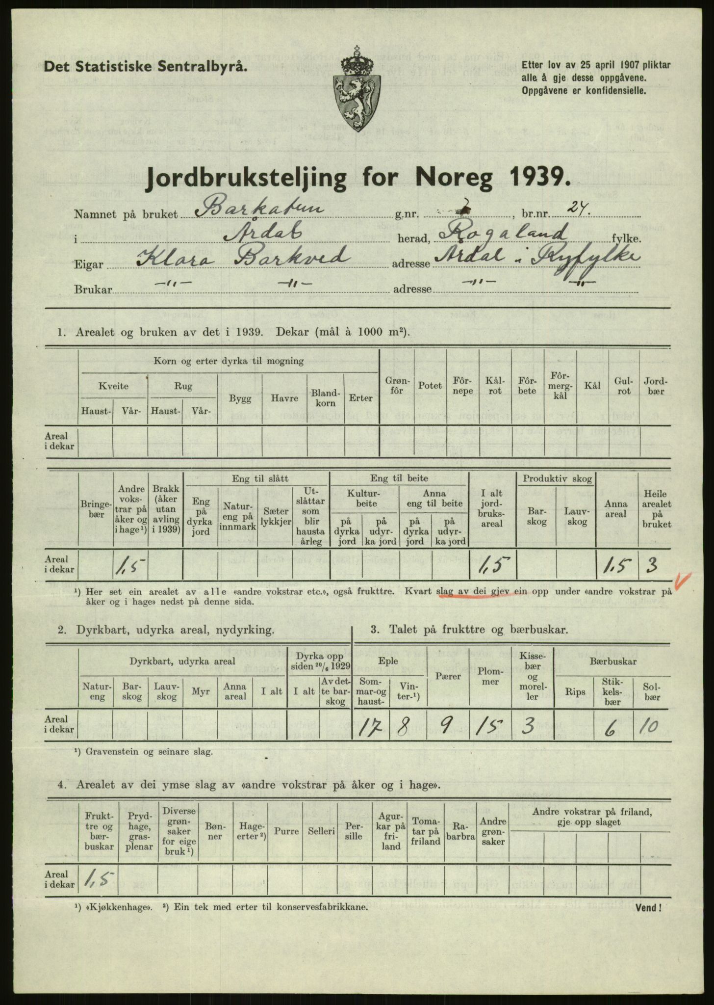 Statistisk sentralbyrå, Næringsøkonomiske emner, Jordbruk, skogbruk, jakt, fiske og fangst, AV/RA-S-2234/G/Gb/L0184: Rogaland: Årdal, Fister og Hjelmeland, 1939, s. 375