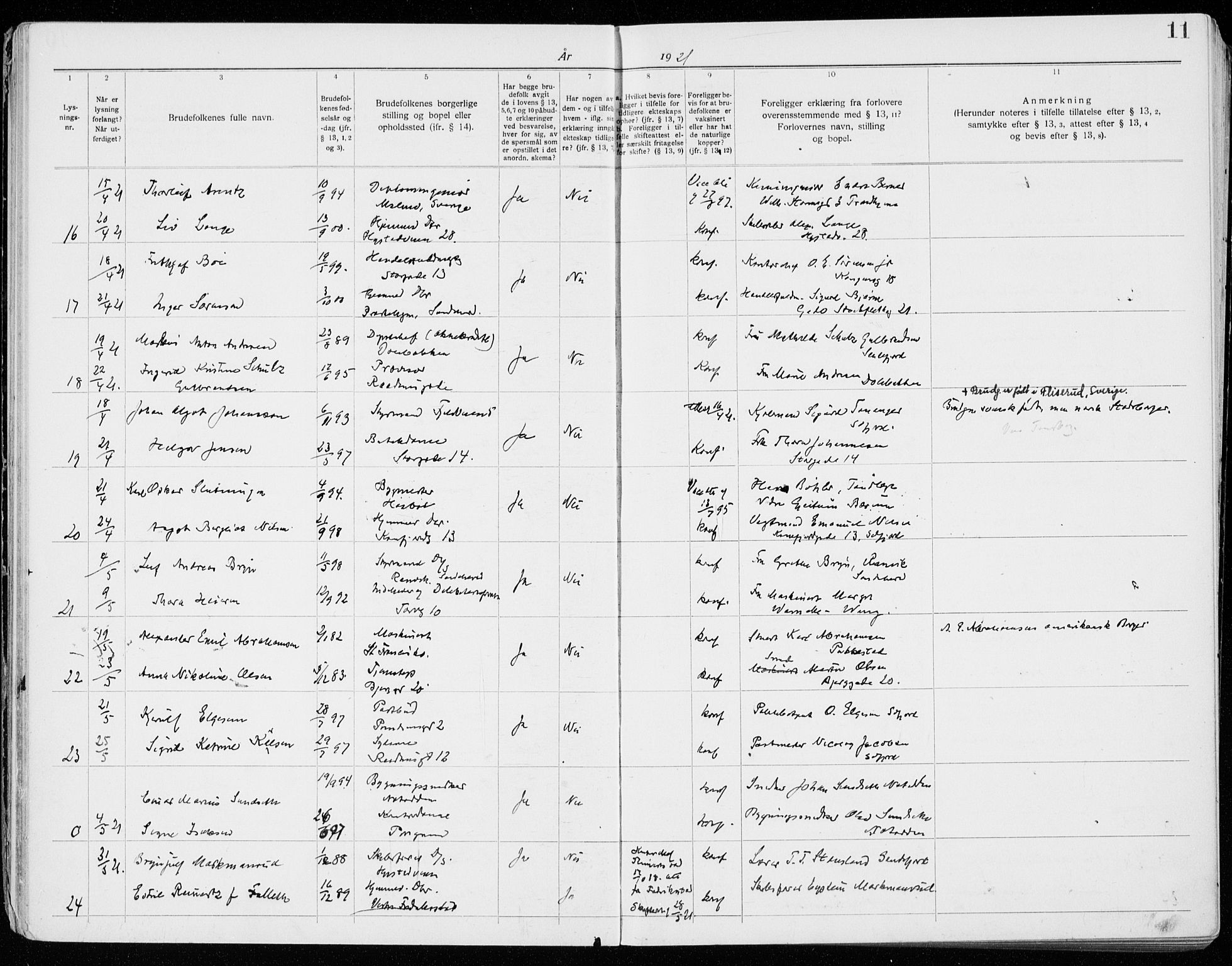 Sandefjord kirkebøker, AV/SAKO-A-315/H/Ha/L0001: Lysningsprotokoll nr. 1, 1919-1939, s. 11