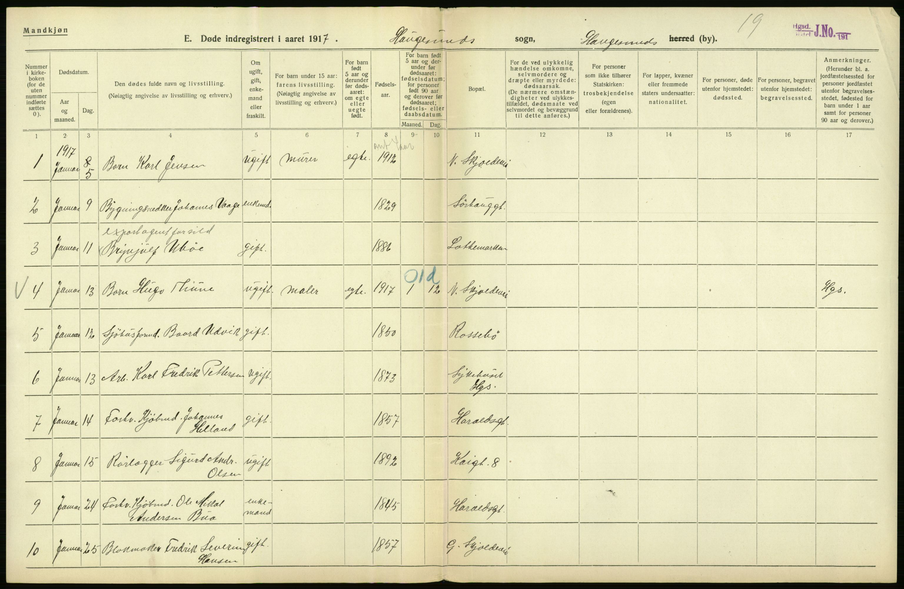 Statistisk sentralbyrå, Sosiodemografiske emner, Befolkning, RA/S-2228/D/Df/Dfb/Dfbg/L0033: Stavanger amt: Døde, dødfødte. Bygder og byer., 1917, s. 350