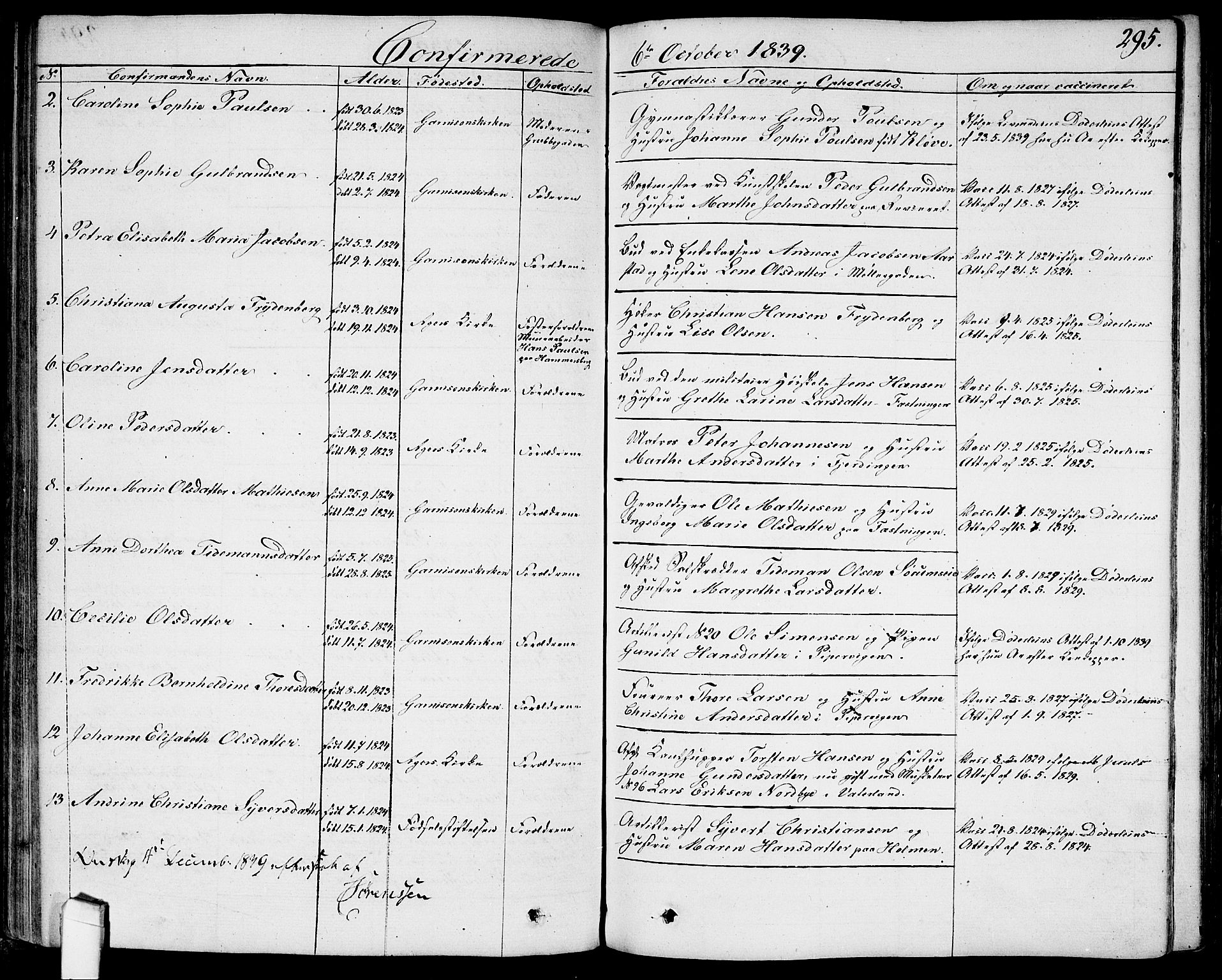 Garnisonsmenigheten Kirkebøker, AV/SAO-A-10846/G/Ga/L0004: Klokkerbok nr. 4, 1828-1840, s. 295