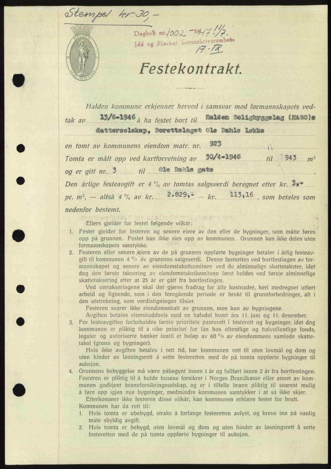 Idd og Marker sorenskriveri, SAO/A-10283/G/Gb/Gbb/L0009: Pantebok nr. A9, 1946-1947, Dagboknr: 1002/1947