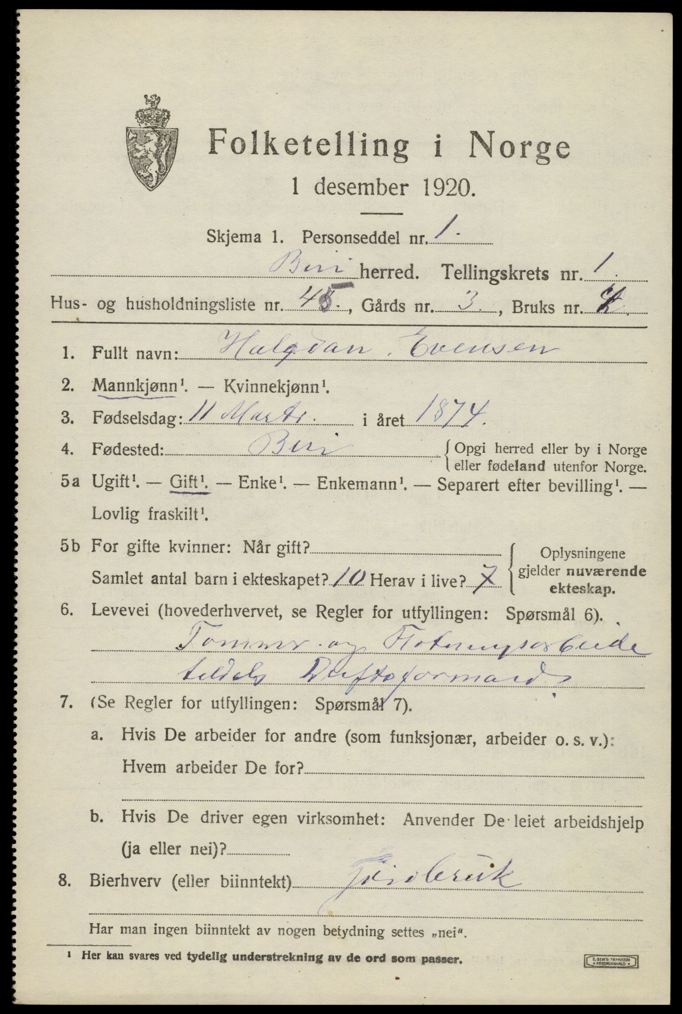SAH, Folketelling 1920 for 0525 Biri herred, 1920, s. 1613