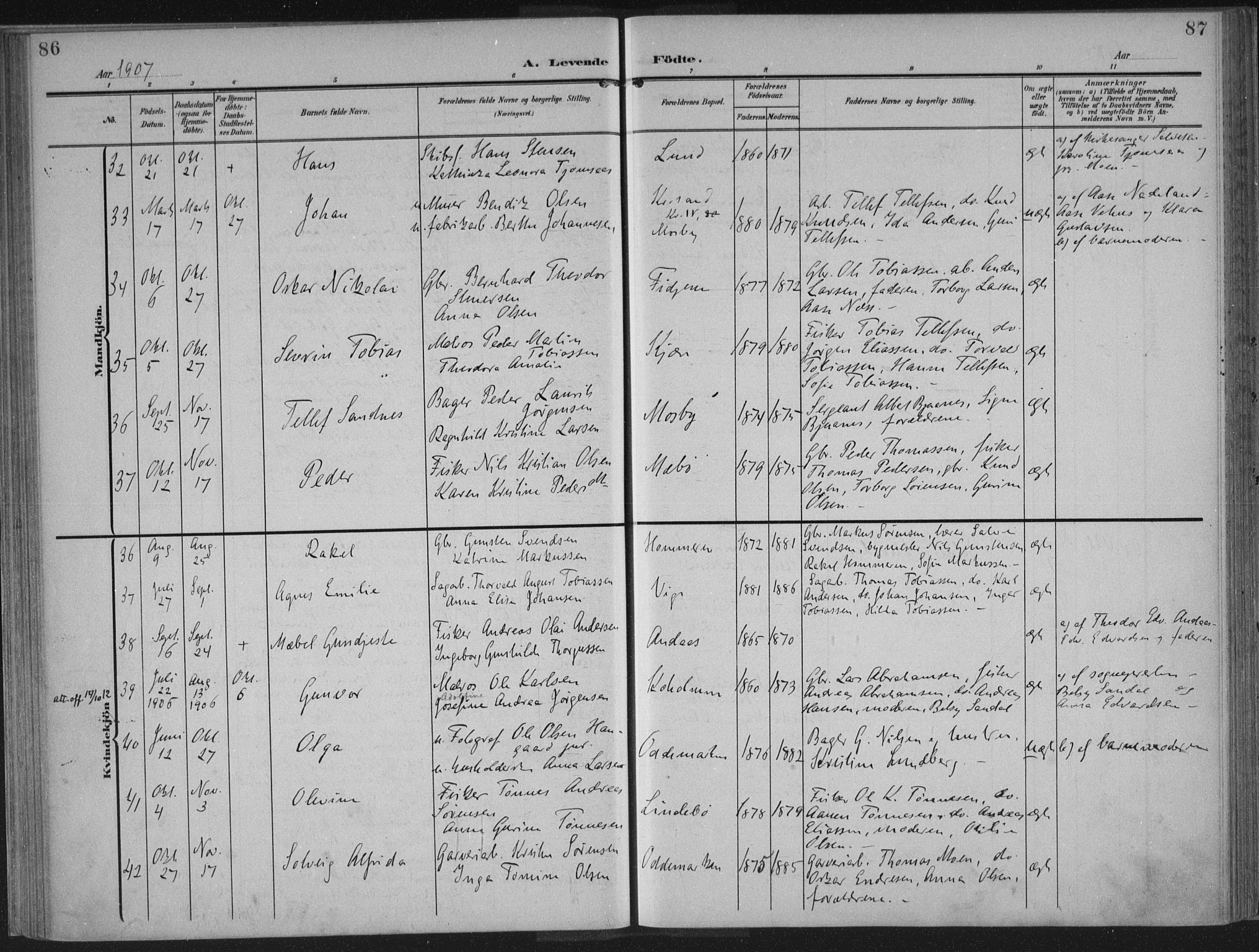 Oddernes sokneprestkontor, AV/SAK-1111-0033/F/Fa/Faa/L0011: Ministerialbok nr. A 11, 1904-1911, s. 86-87