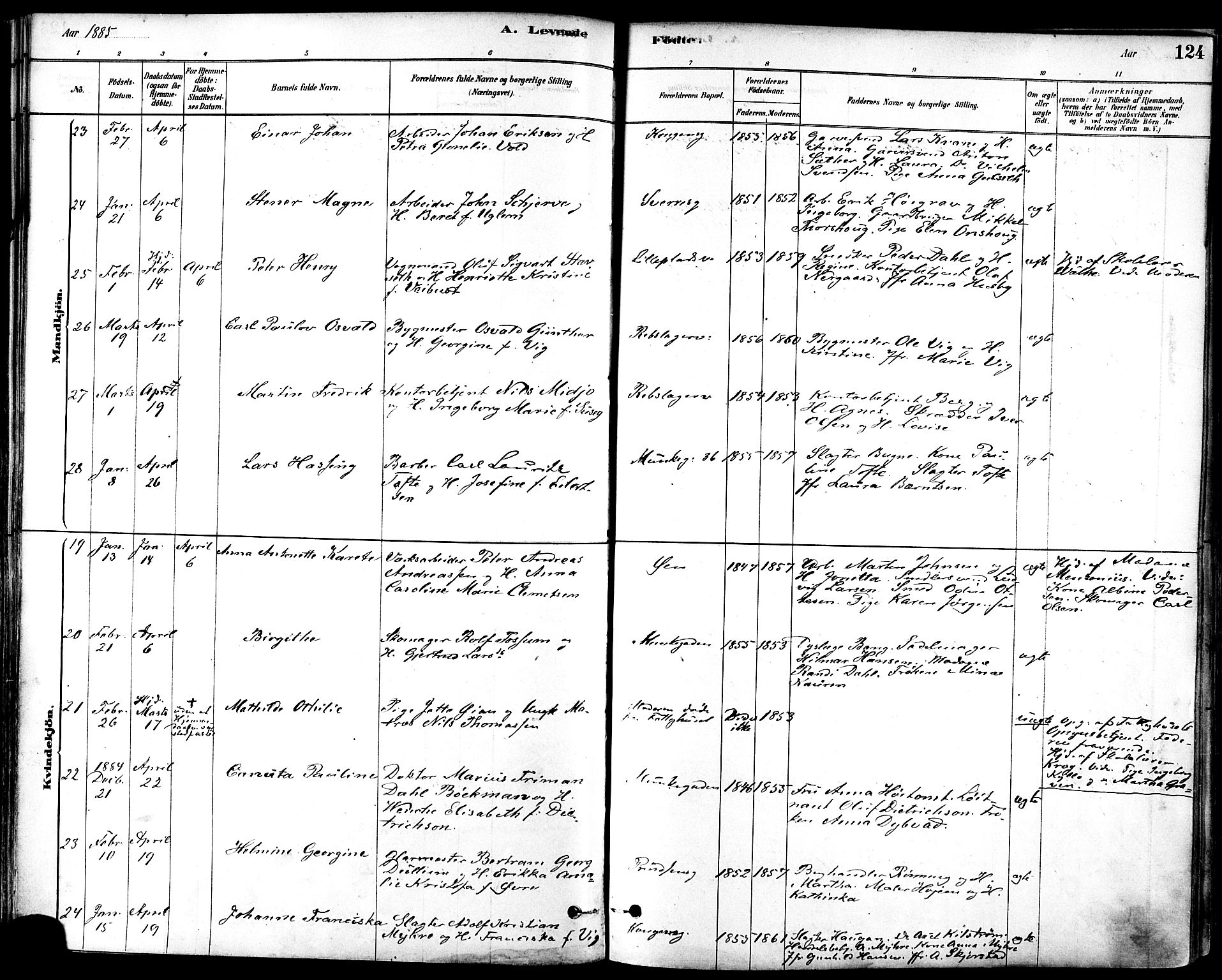 Ministerialprotokoller, klokkerbøker og fødselsregistre - Sør-Trøndelag, SAT/A-1456/601/L0057: Ministerialbok nr. 601A25, 1877-1891, s. 124