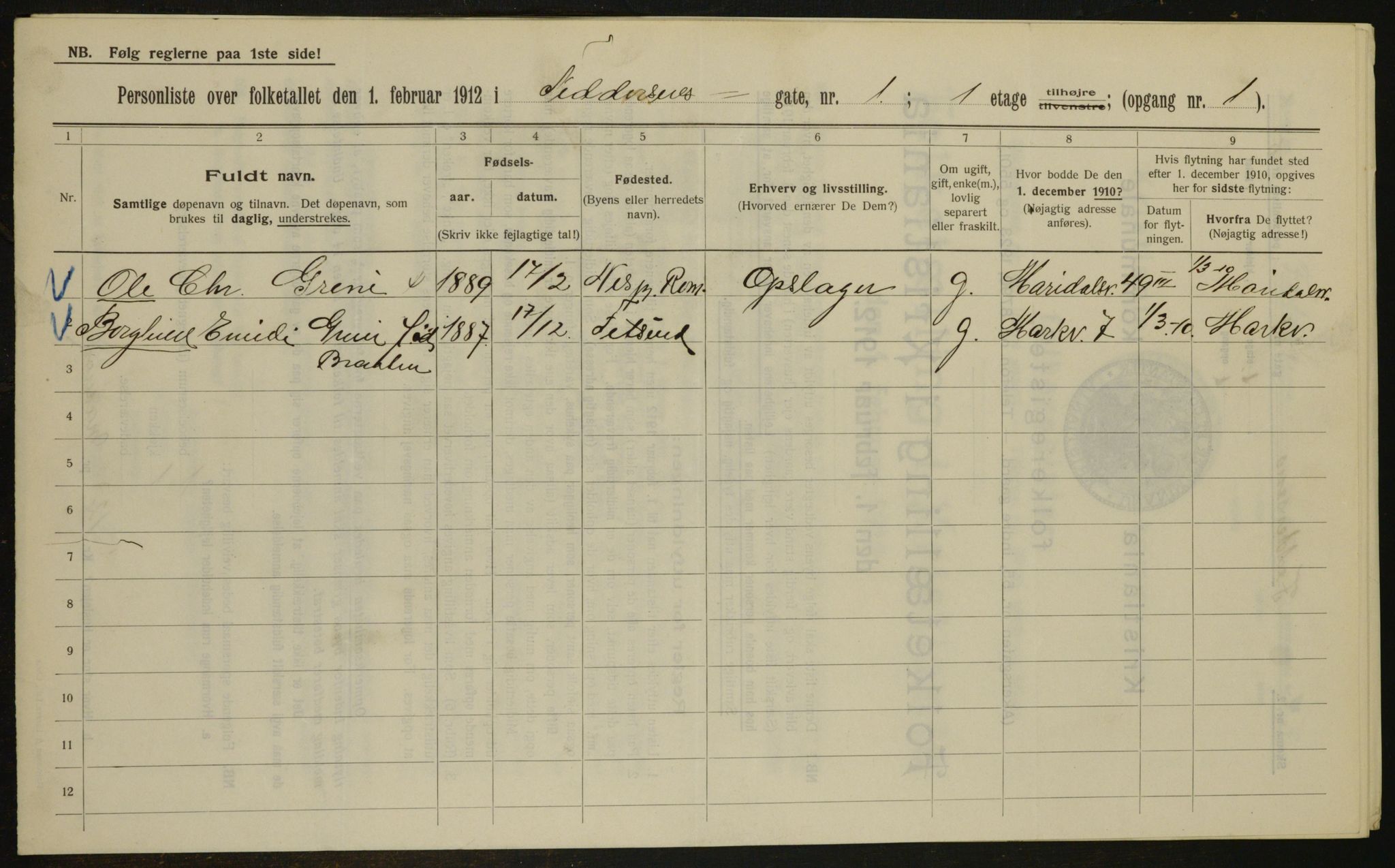 OBA, Kommunal folketelling 1.2.1912 for Kristiania, 1912, s. 23977