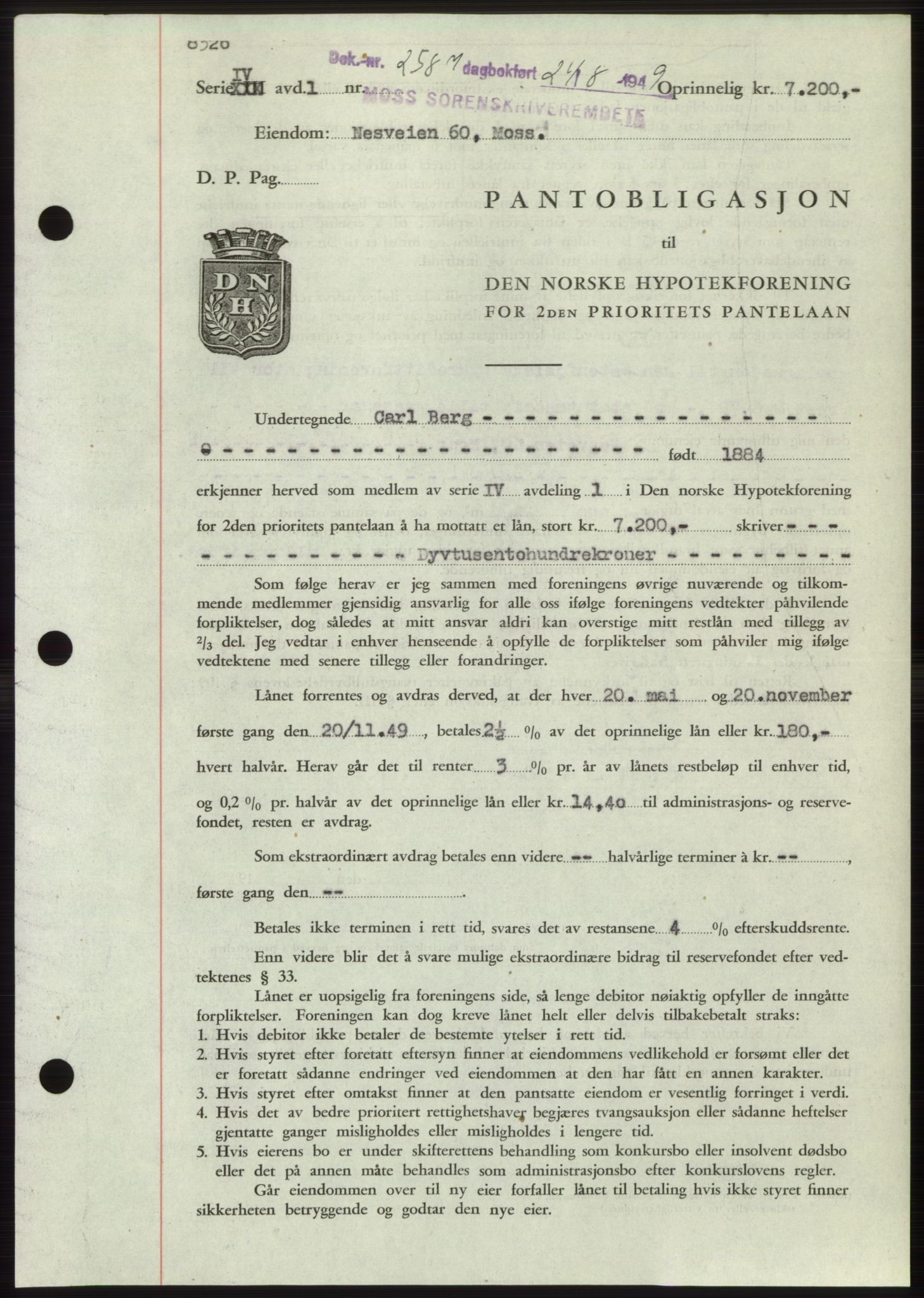 Moss sorenskriveri, SAO/A-10168: Pantebok nr. B22, 1949-1949, Dagboknr: 2587/1949