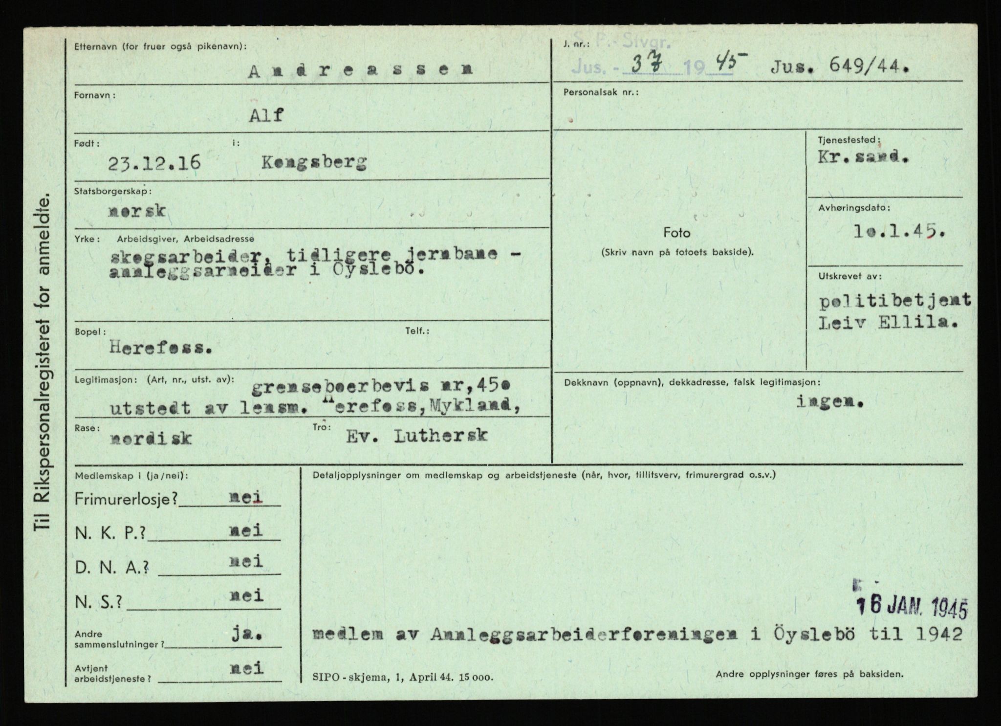 Statspolitiet - Hovedkontoret / Osloavdelingen, AV/RA-S-1329/C/Ca/L0001: Aabakken - Armann, 1943-1945, s. 3695