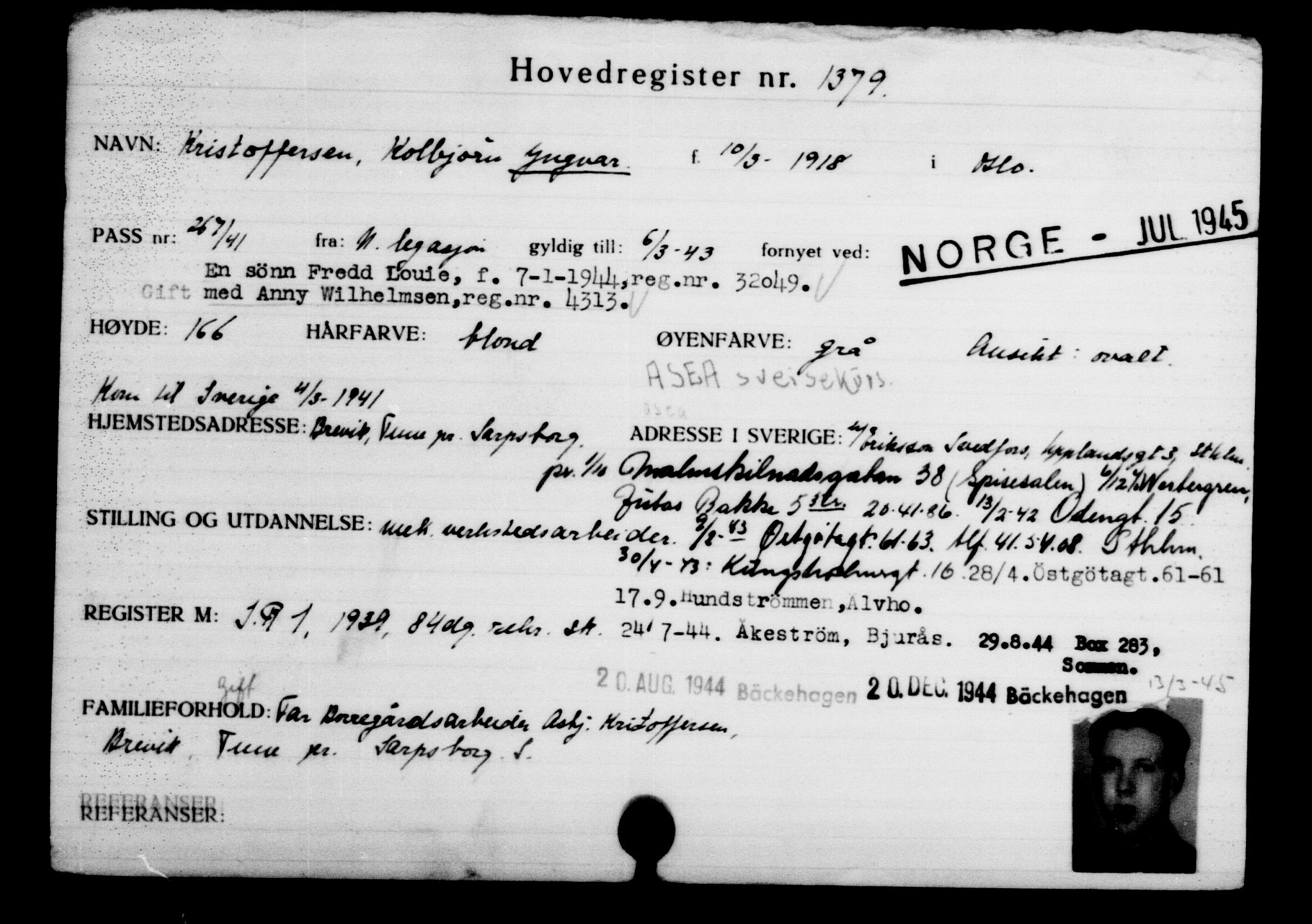 Utenriksstasjonene, Legasjonen i Stockholm, Flyktningkontoret, AV/RA-S-6753/V/Va/L0002: Kjesäterkartoteket, flyktninger med registreringsnr. 1001-2000, 1940-1945, s. 544