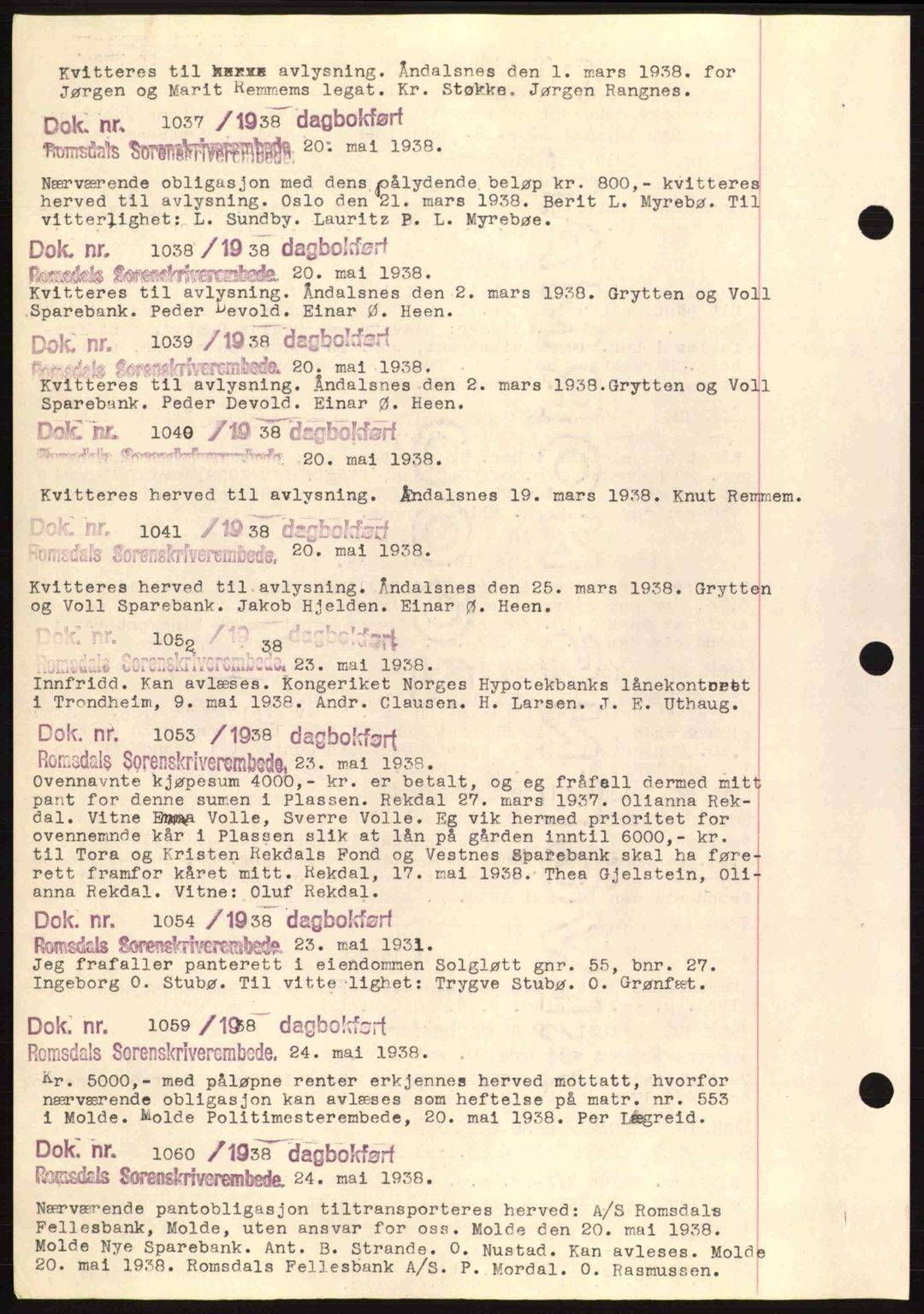 Romsdal sorenskriveri, AV/SAT-A-4149/1/2/2C: Pantebok nr. C1a, 1936-1945, Dagboknr: 1037/1938