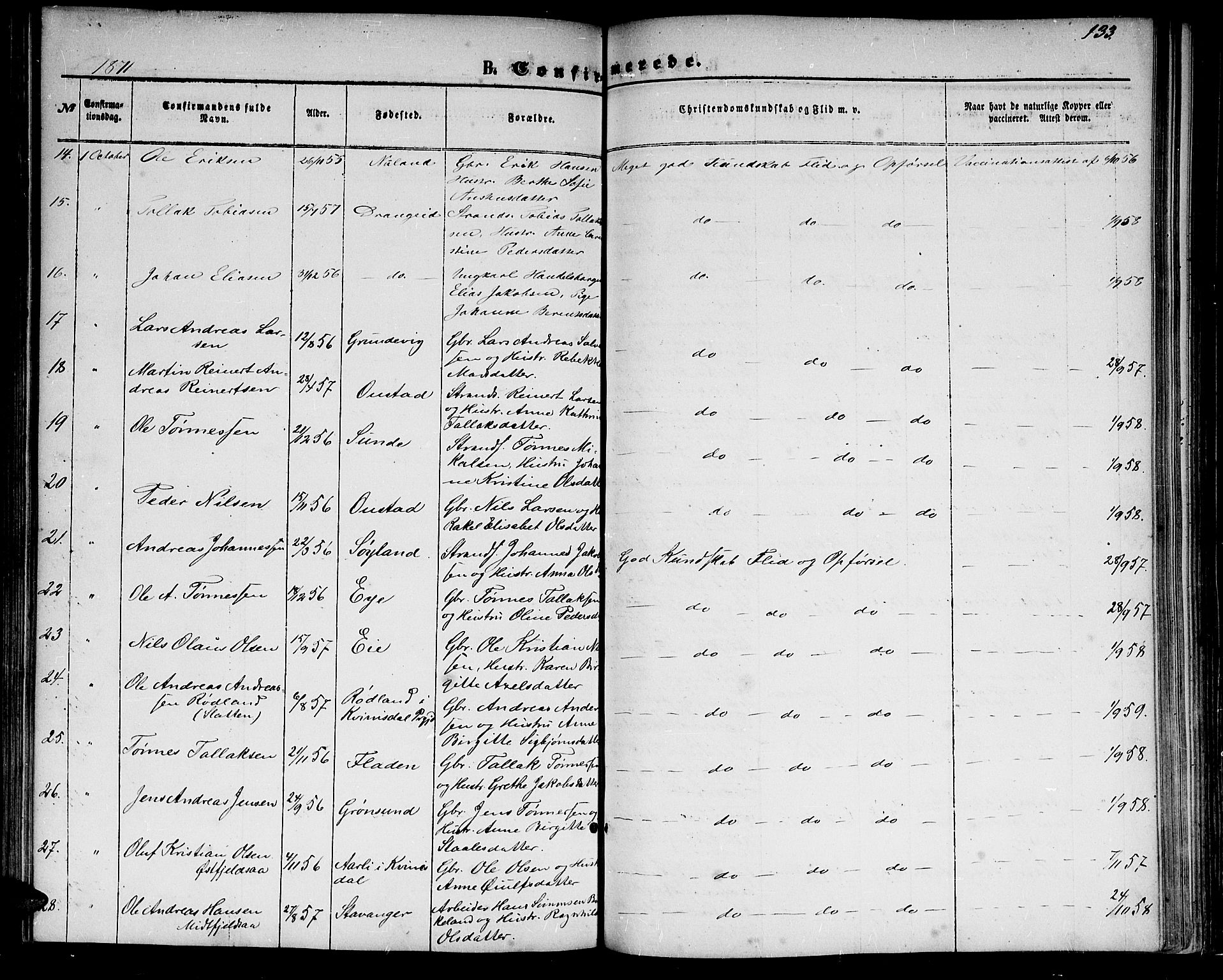 Flekkefjord sokneprestkontor, AV/SAK-1111-0012/F/Fb/Fbc/L0006: Klokkerbok nr. B 6, 1866-1879, s. 133