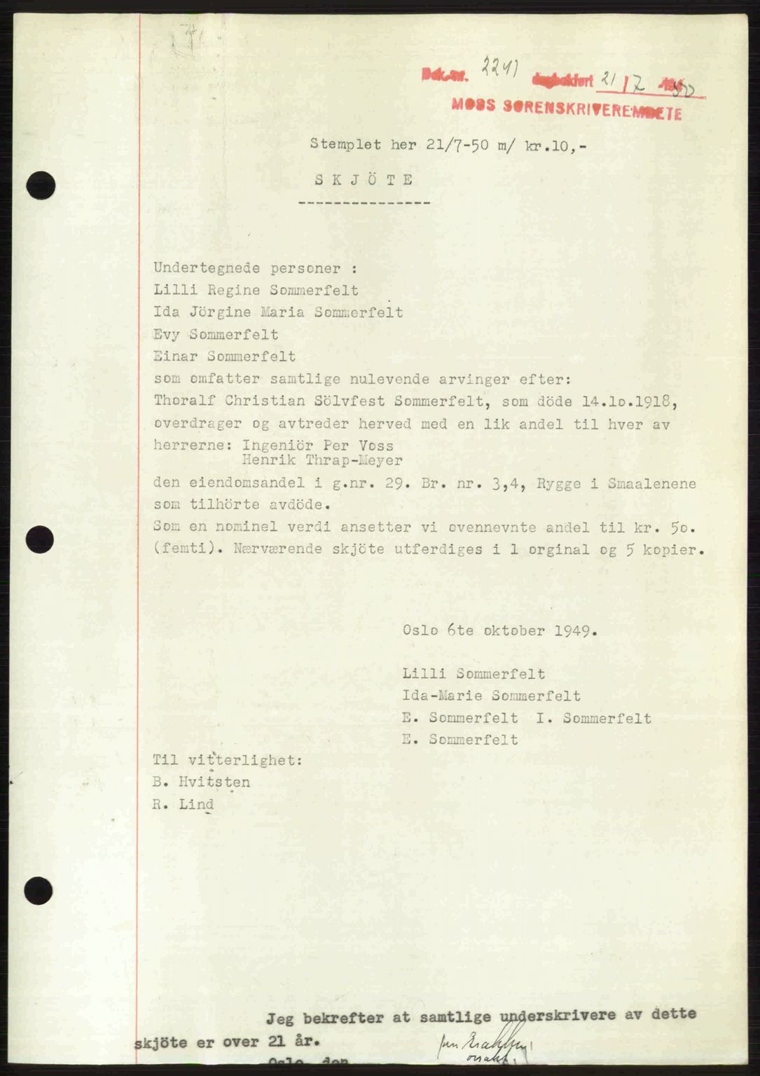 Moss sorenskriveri, SAO/A-10168: Pantebok nr. A26, 1950-1950, Dagboknr: 2241/1950