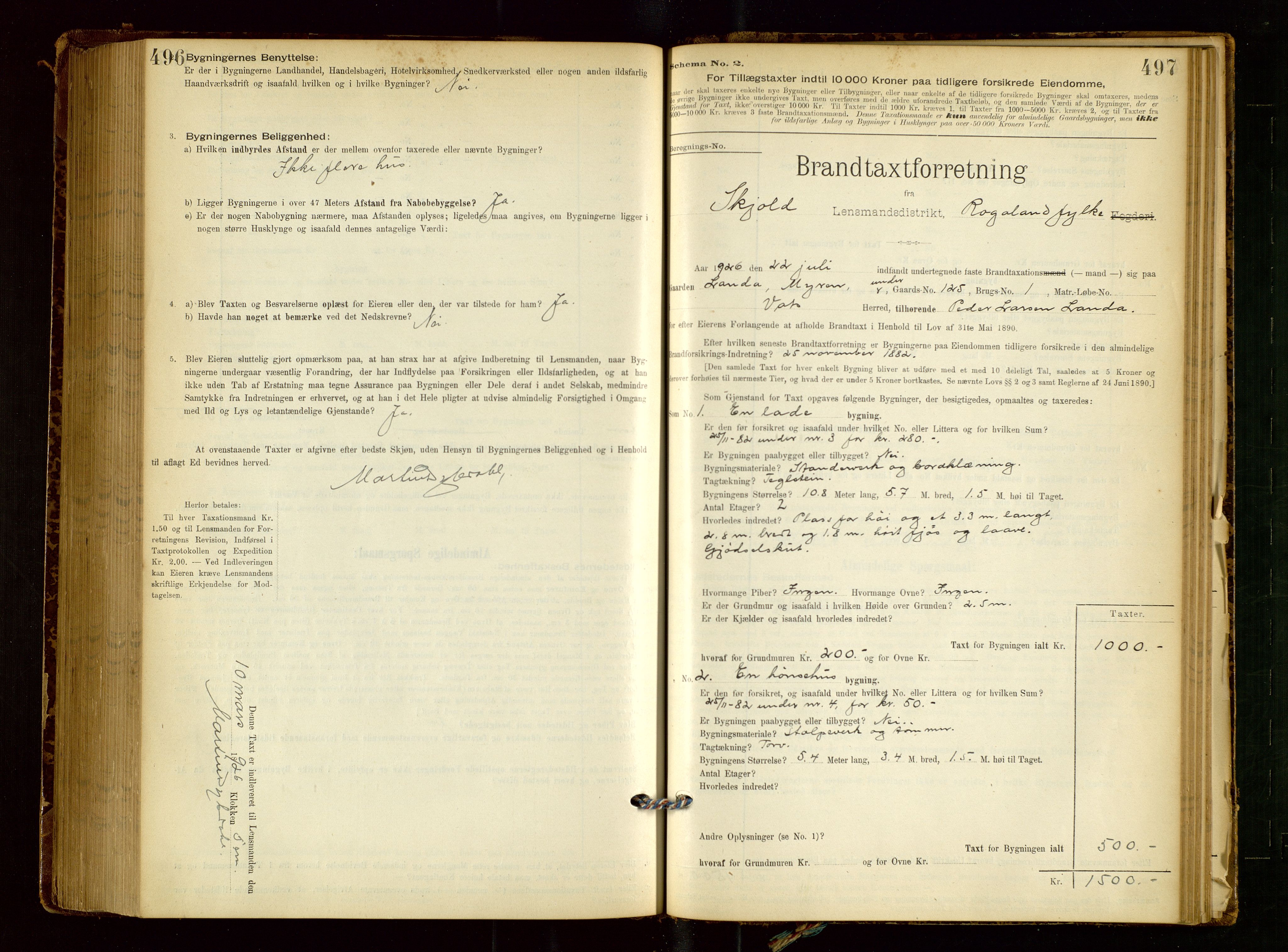 Skjold lensmannskontor, AV/SAST-A-100182/Gob/L0001: "Brandtaxationsprotokol for Skjold Lensmandsdistrikt Ryfylke Fogderi", 1894-1939, s. 496-497