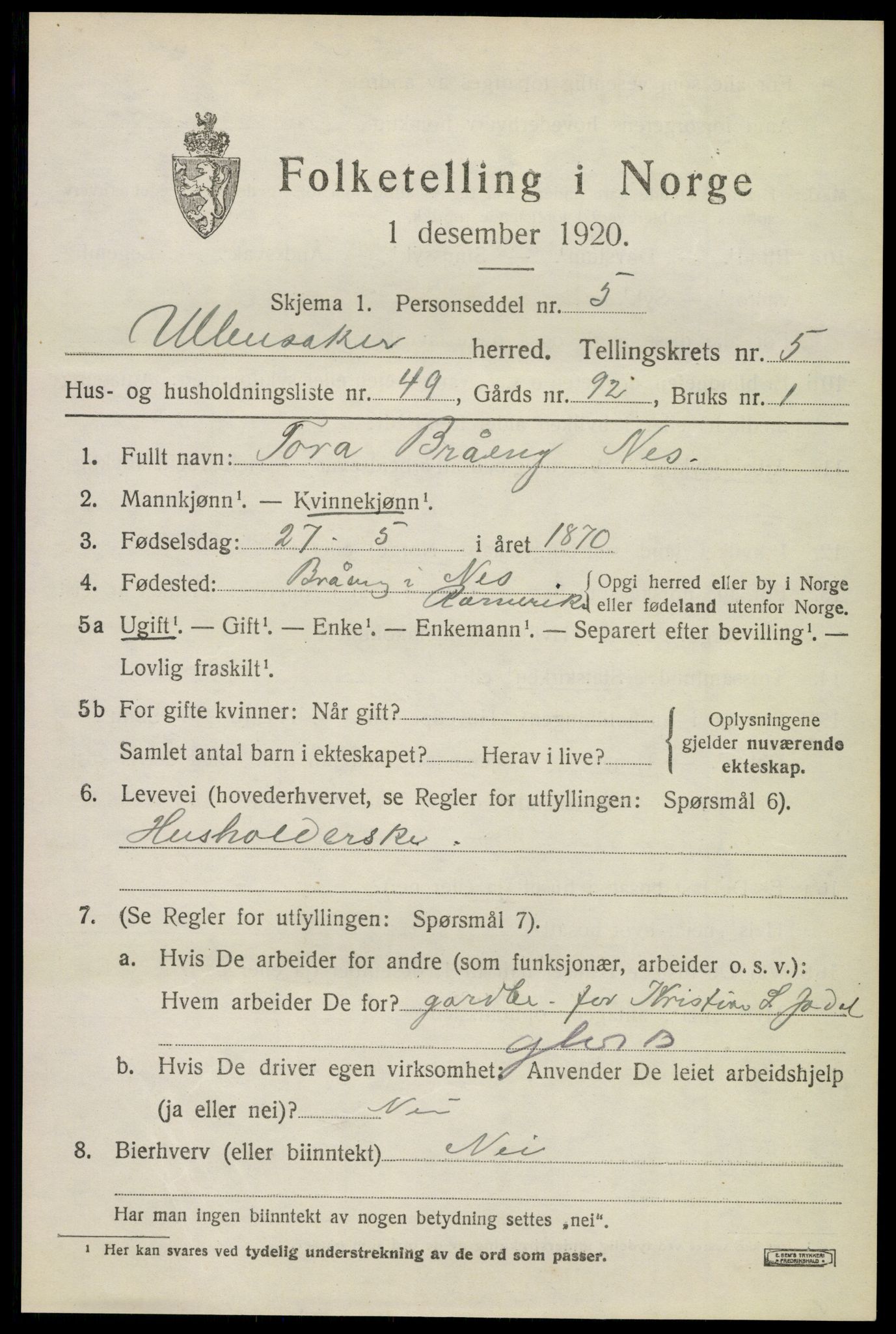 SAO, Folketelling 1920 for 0235 Ullensaker herred, 1920, s. 9667