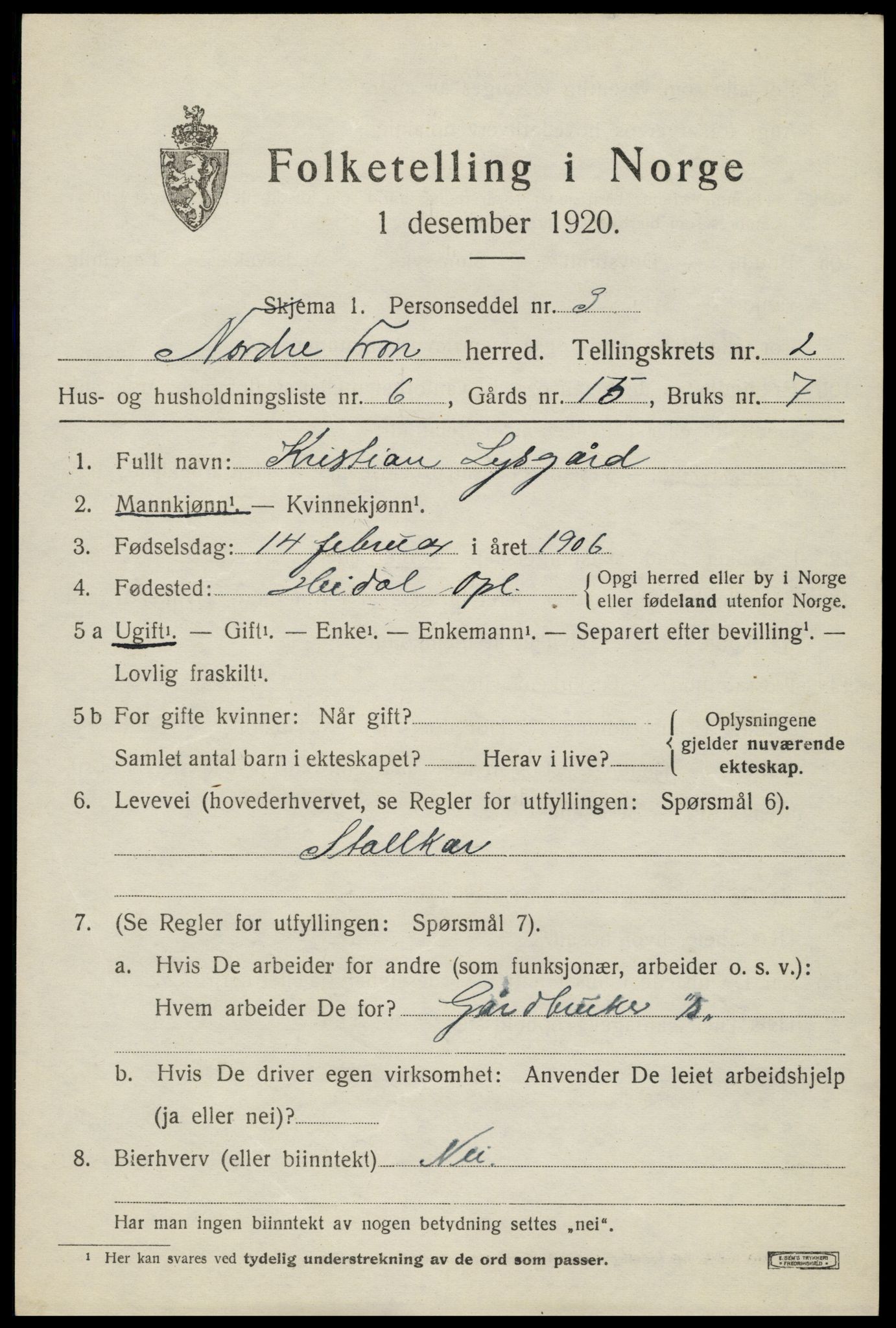 SAH, Folketelling 1920 for 0518 Nord-Fron herred, 1920, s. 2716