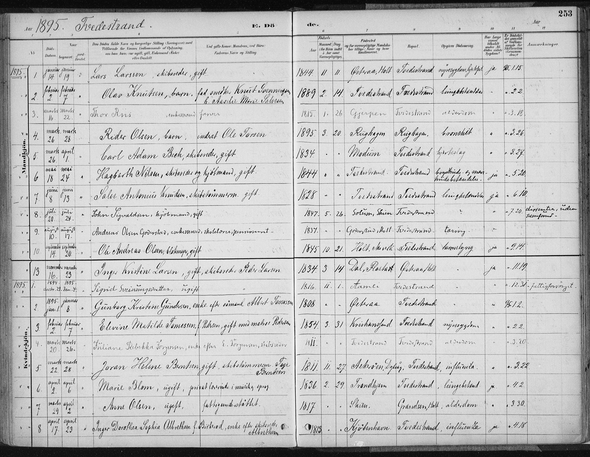 Tvedestrand sokneprestkontor, AV/SAK-1111-0042/F/Fa/L0001: Ministerialbok nr. A 1, 1885-1916, s. 253