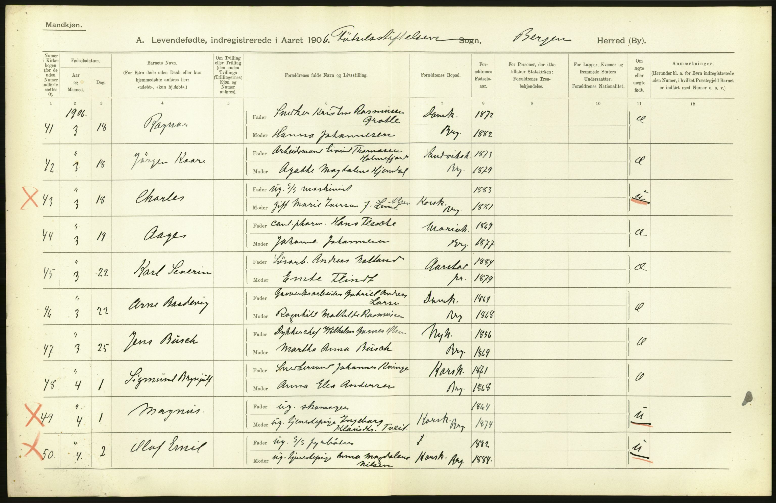 Statistisk sentralbyrå, Sosiodemografiske emner, Befolkning, AV/RA-S-2228/D/Df/Dfa/Dfad/L0031: Bergen: Levendefødte menn og kvinner., 1906, s. 28