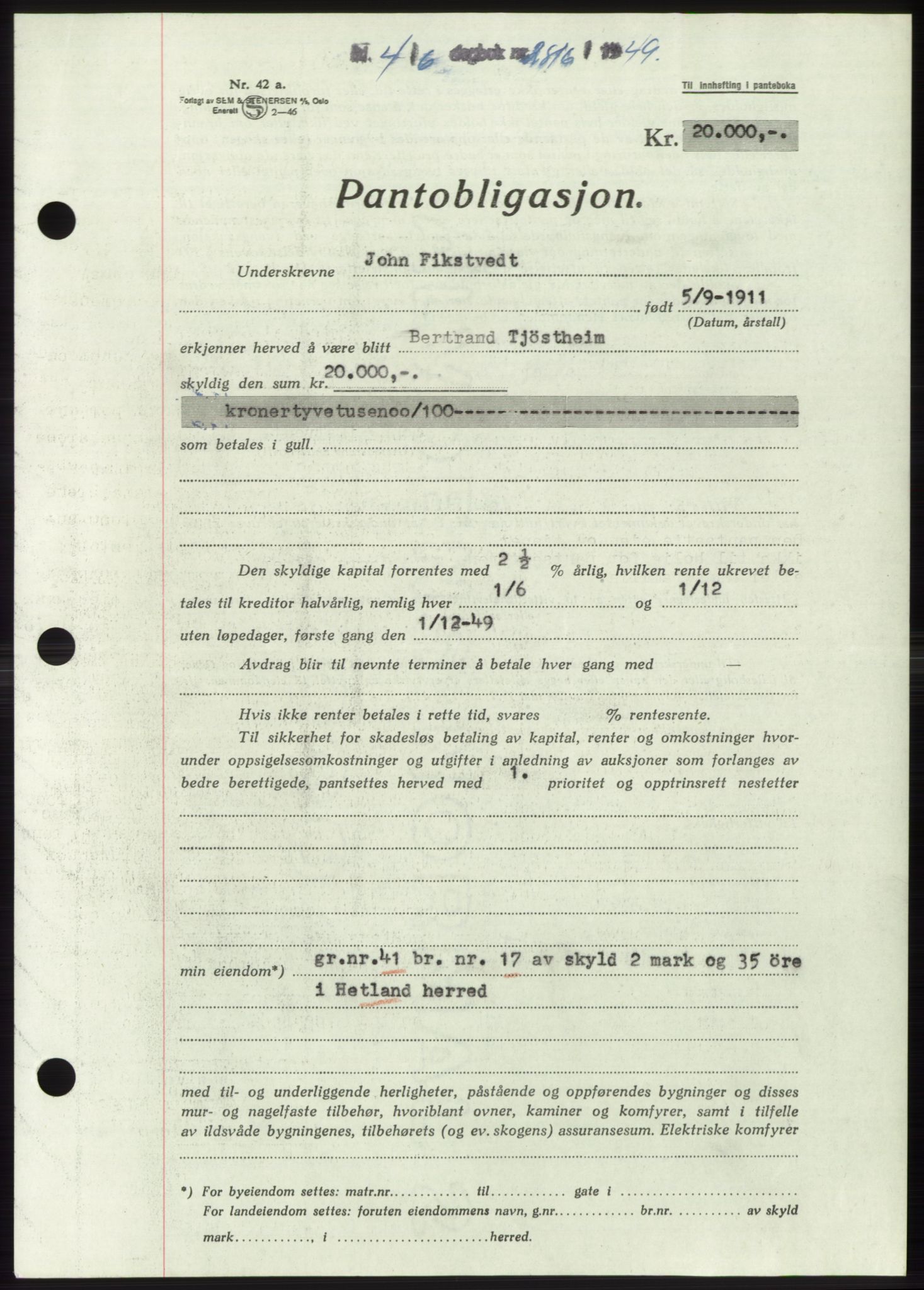 Jæren sorenskriveri, SAST/A-100310/03/G/Gba/L0103: Pantebok, 1949-1949, Dagboknr: 2816/1949