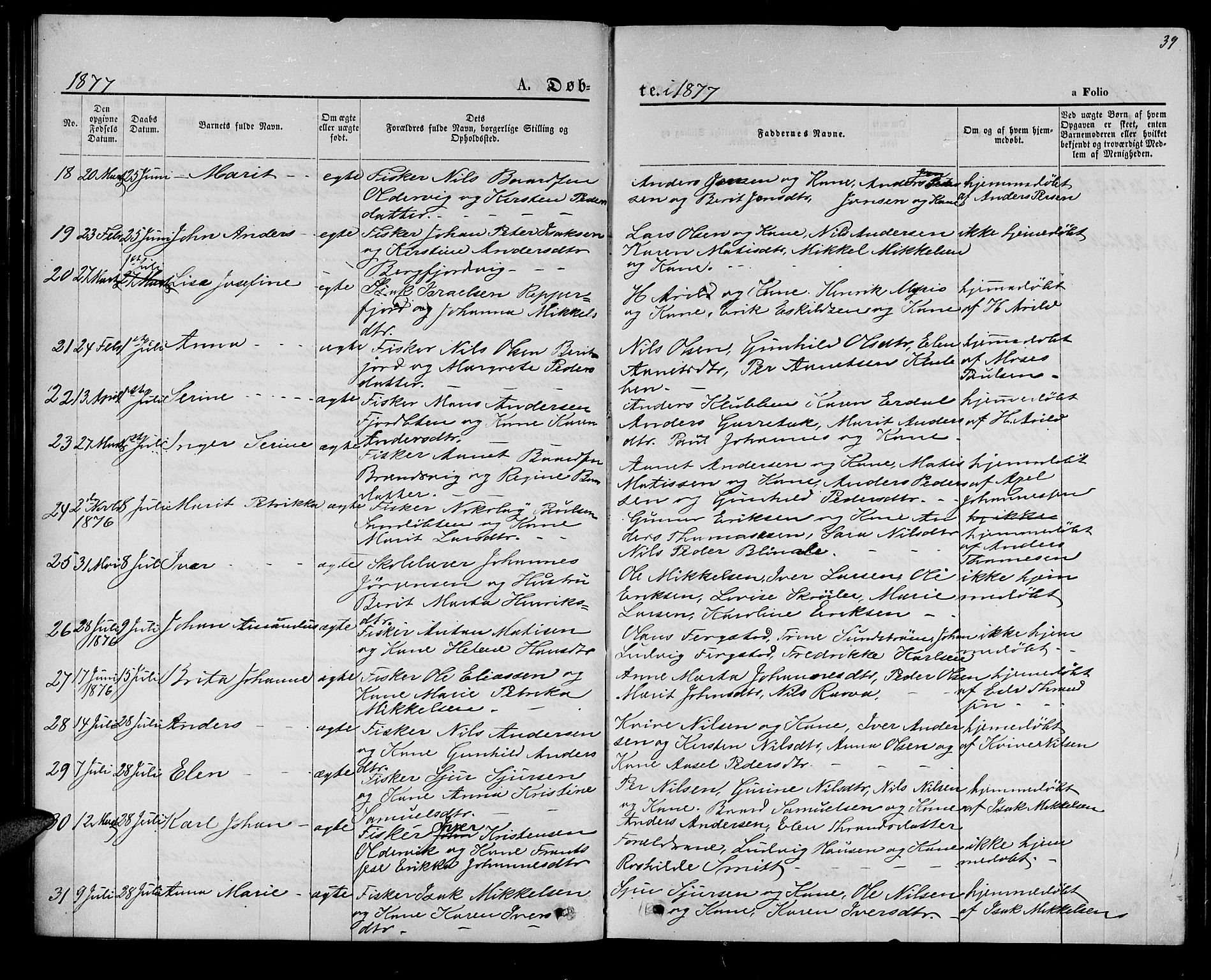 Hammerfest sokneprestkontor, AV/SATØ-S-1347/H/Hb/L0005.klokk: Klokkerbok nr. 5, 1869-1884, s. 39