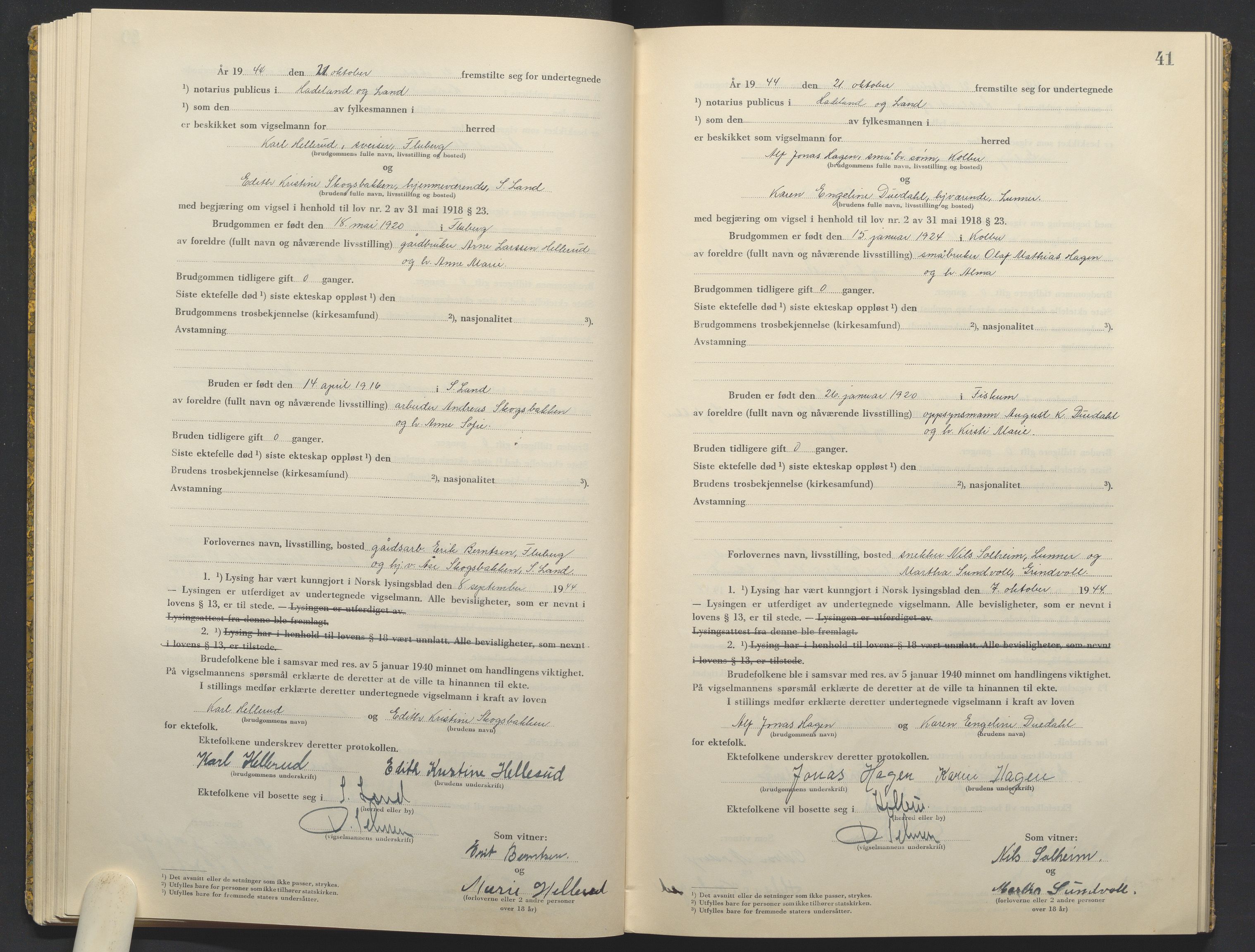Hadeland og Land tingrett, AV/SAH-TING-010/L/Lb/L0003: Vigselbok, 1944-1946, s. 41