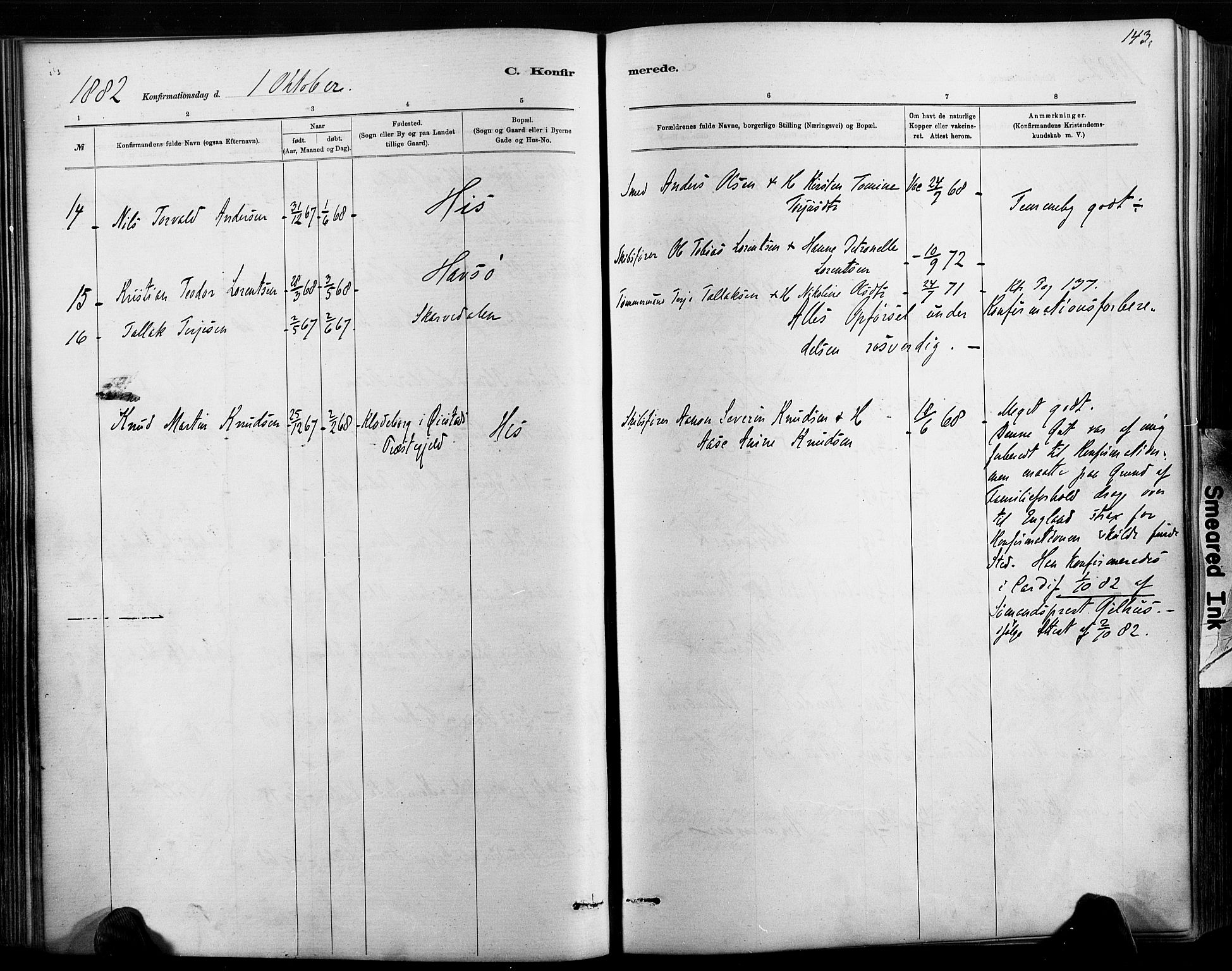 Hisøy sokneprestkontor, AV/SAK-1111-0020/F/Fa/L0003: Ministerialbok nr. A 3, 1881-1894, s. 143
