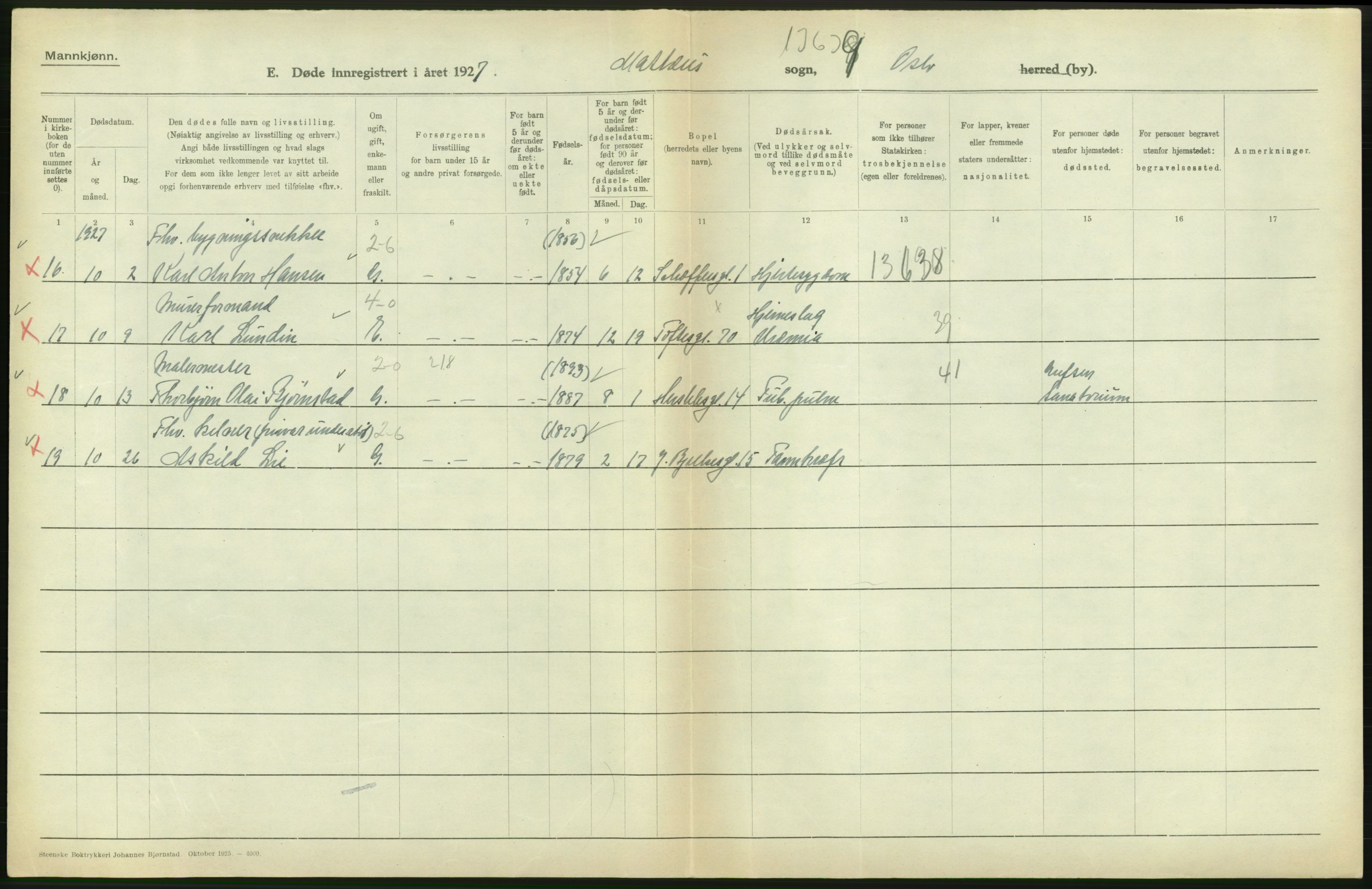 Statistisk sentralbyrå, Sosiodemografiske emner, Befolkning, RA/S-2228/D/Df/Dfc/Dfcg/L0009: Oslo: Døde menn, 1927, s. 316