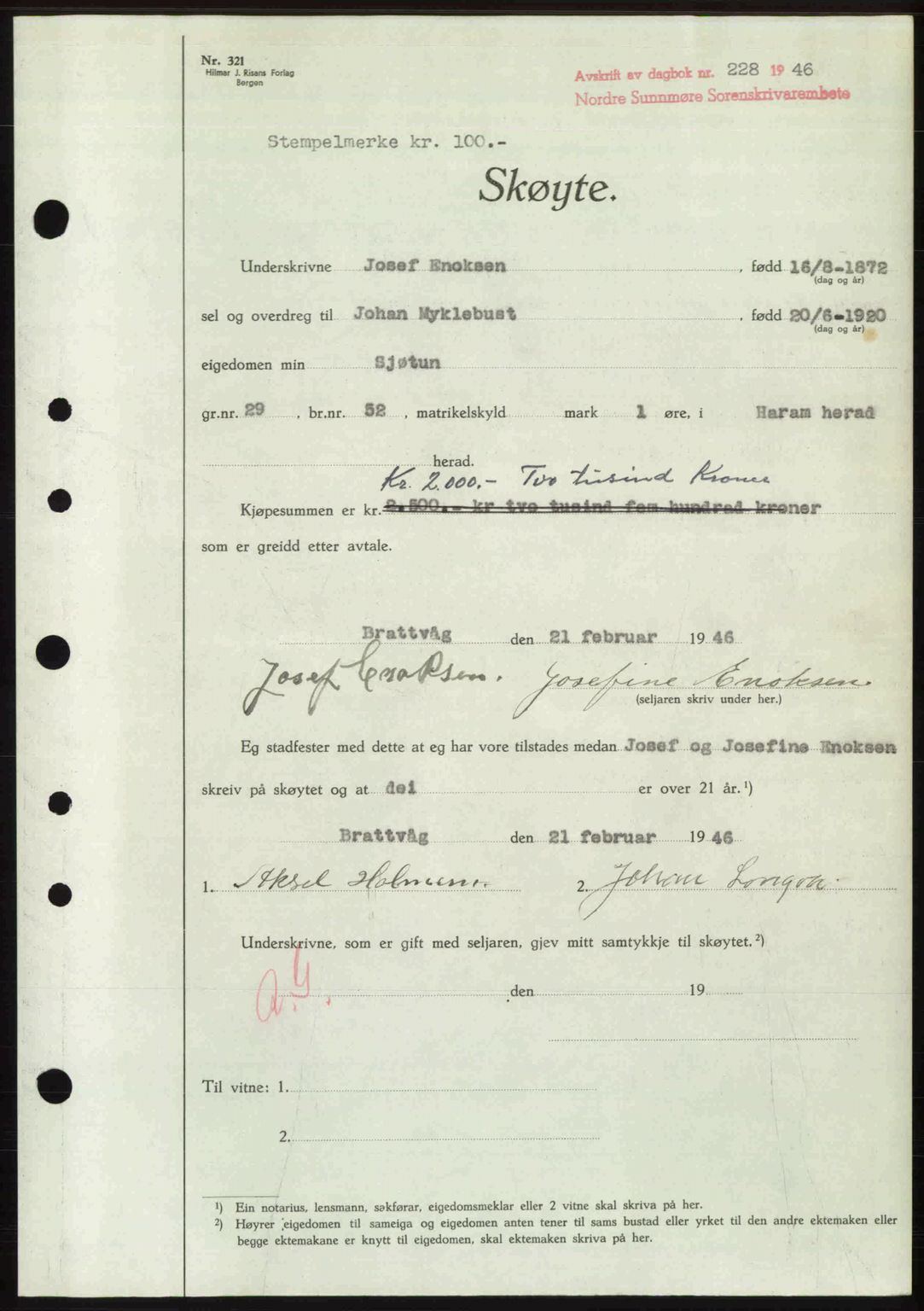 Nordre Sunnmøre sorenskriveri, AV/SAT-A-0006/1/2/2C/2Ca: Pantebok nr. A20b, 1946-1946, Dagboknr: 228/1946