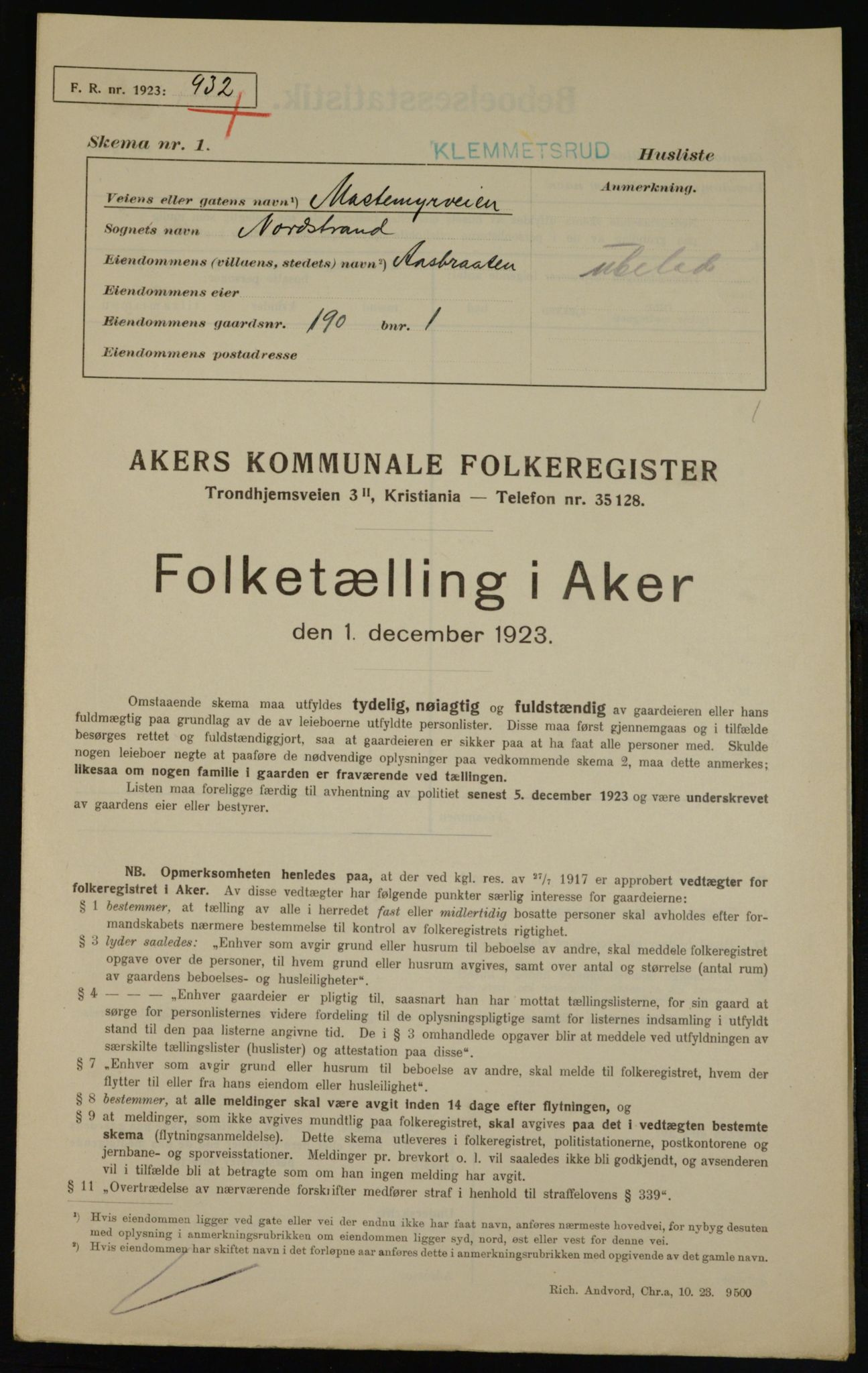 , Kommunal folketelling 1.12.1923 for Aker, 1923, s. 42174