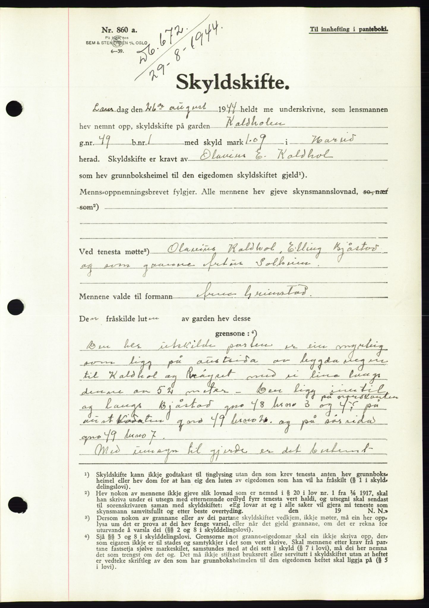 Søre Sunnmøre sorenskriveri, AV/SAT-A-4122/1/2/2C/L0076: Pantebok nr. 2A, 1943-1944, Dagboknr: 672/1944