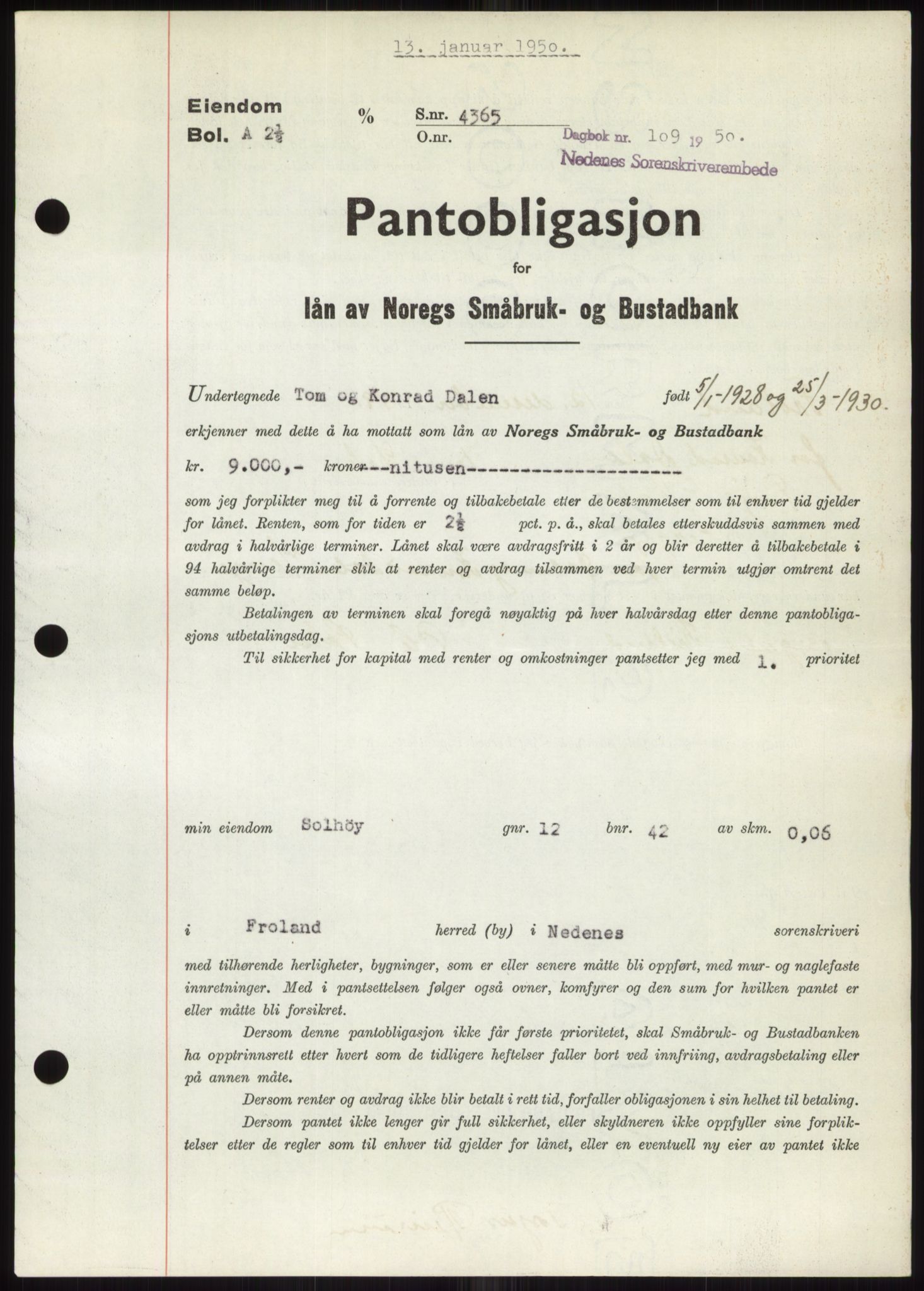 Nedenes sorenskriveri, SAK/1221-0006/G/Gb/Gbb/L0007: Pantebok nr. B7, 1949-1950, Dagboknr: 109/1950